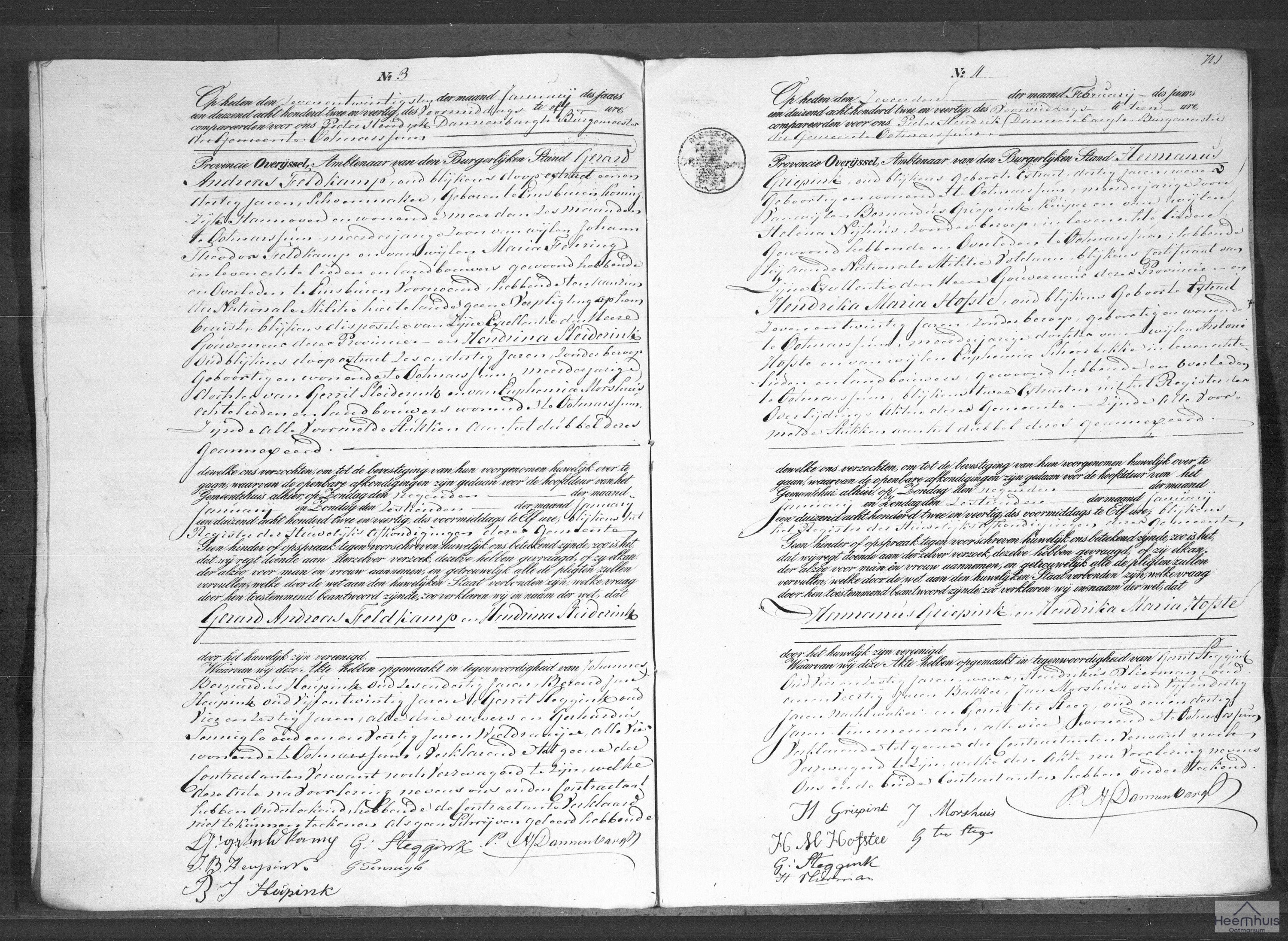 Huwelijksakte van Hermanus Griepink en Hendrika Maria Hofste