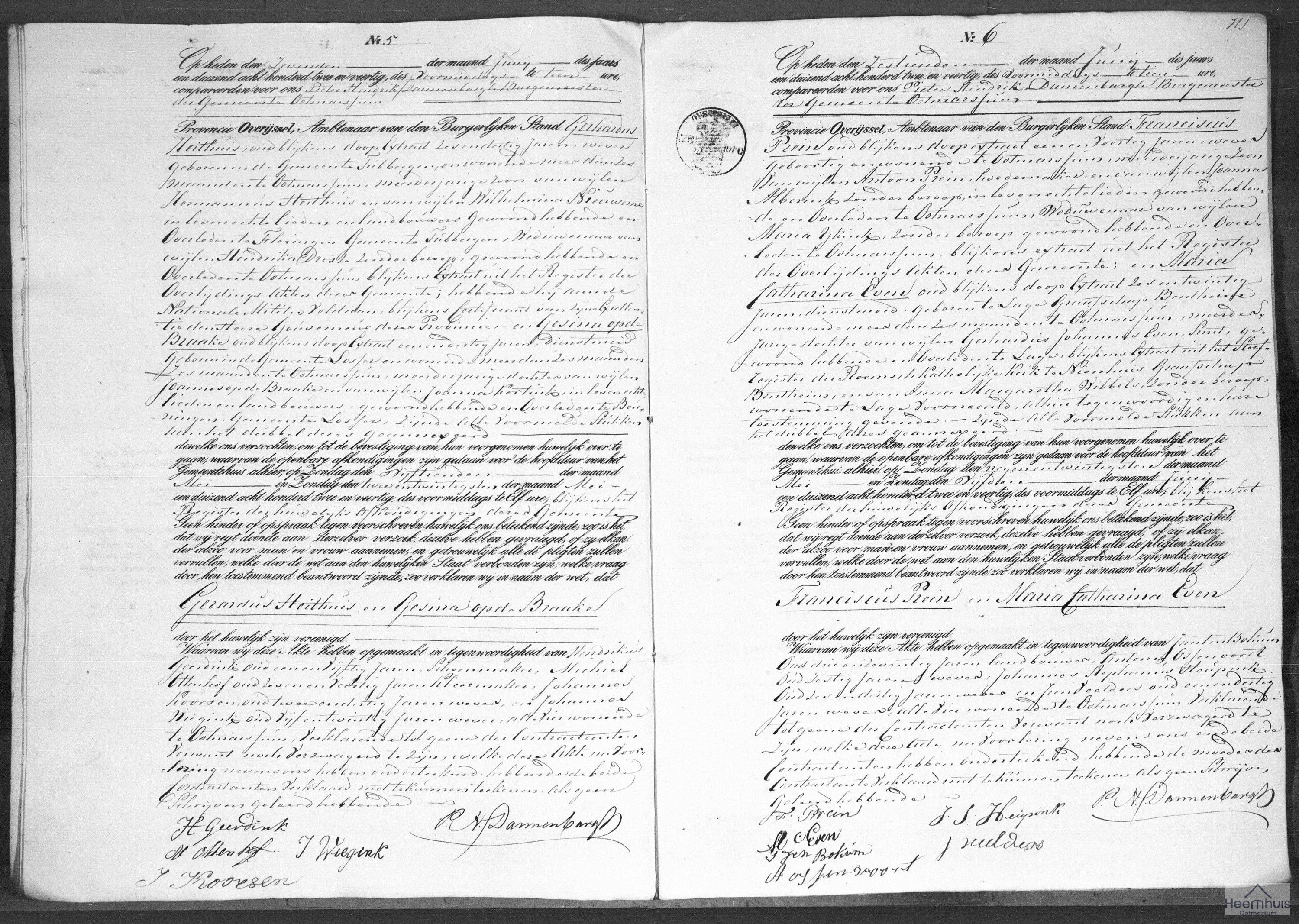 Huwelijksakte van Gerardus Heithuis en Gesina op de Braake