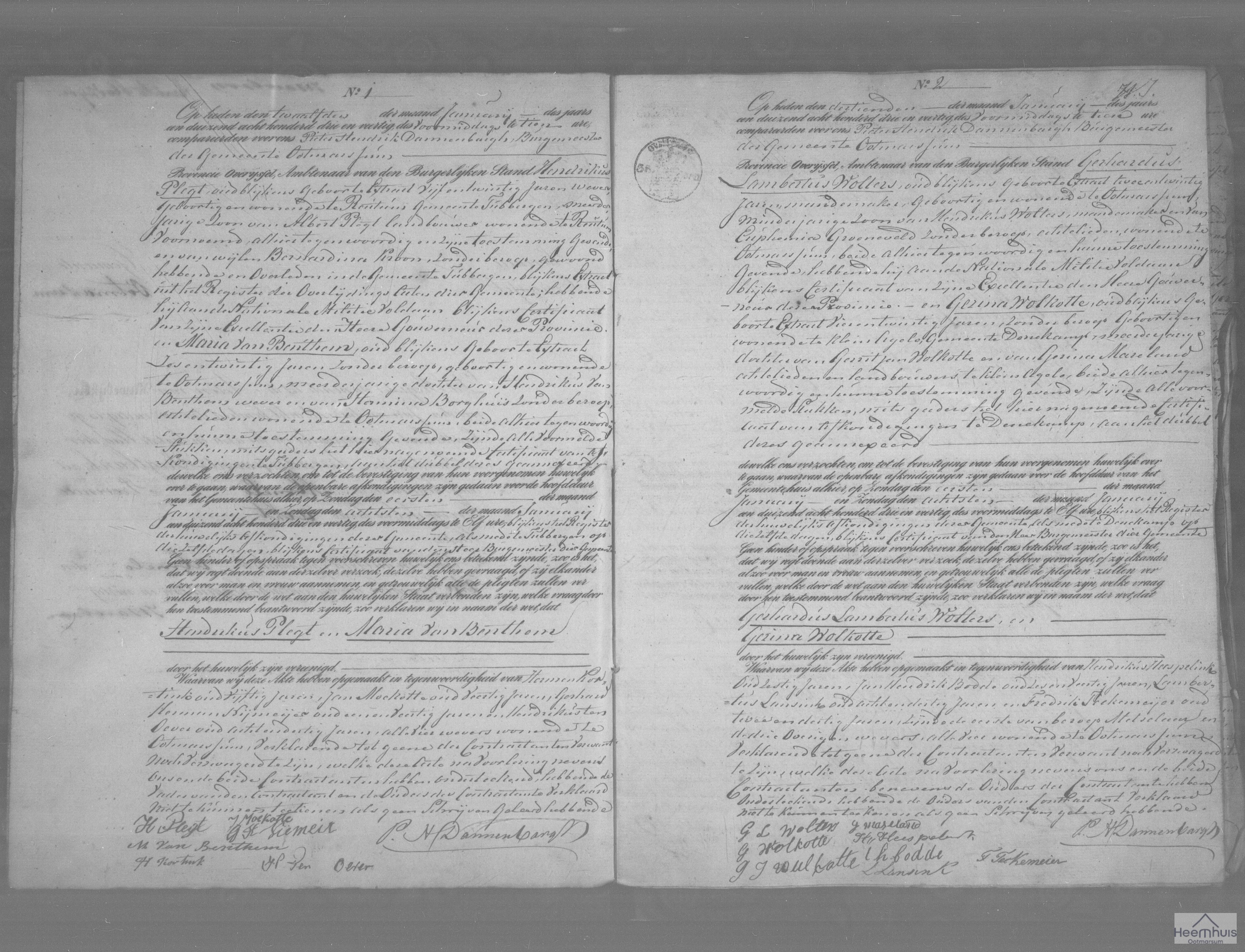 Huwelijksakte van Gerhardus Lambertus Wolters en Gezina Wolkotte