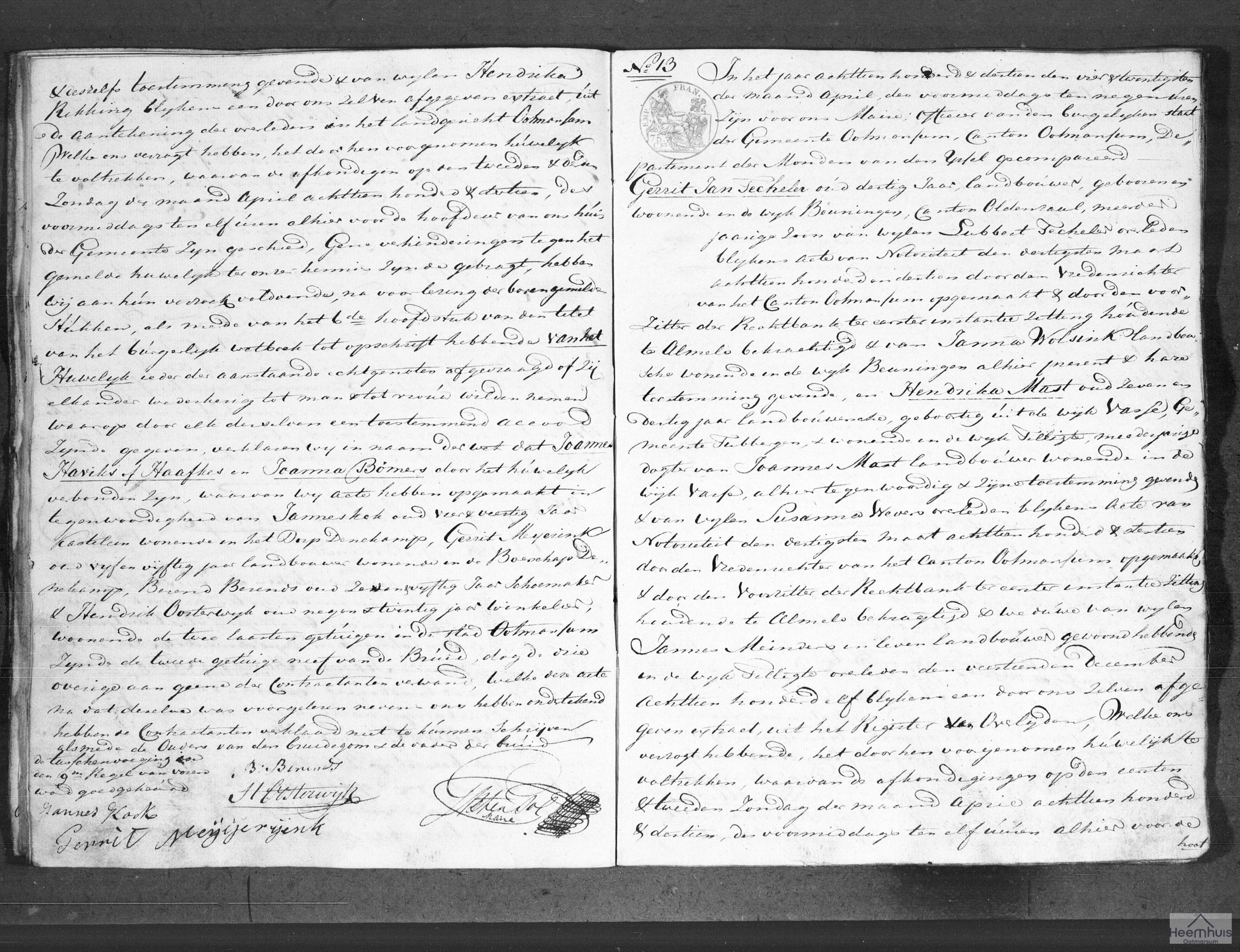 Huwelijksakte van Gerrit Jan Techeler en Hendrika Mast