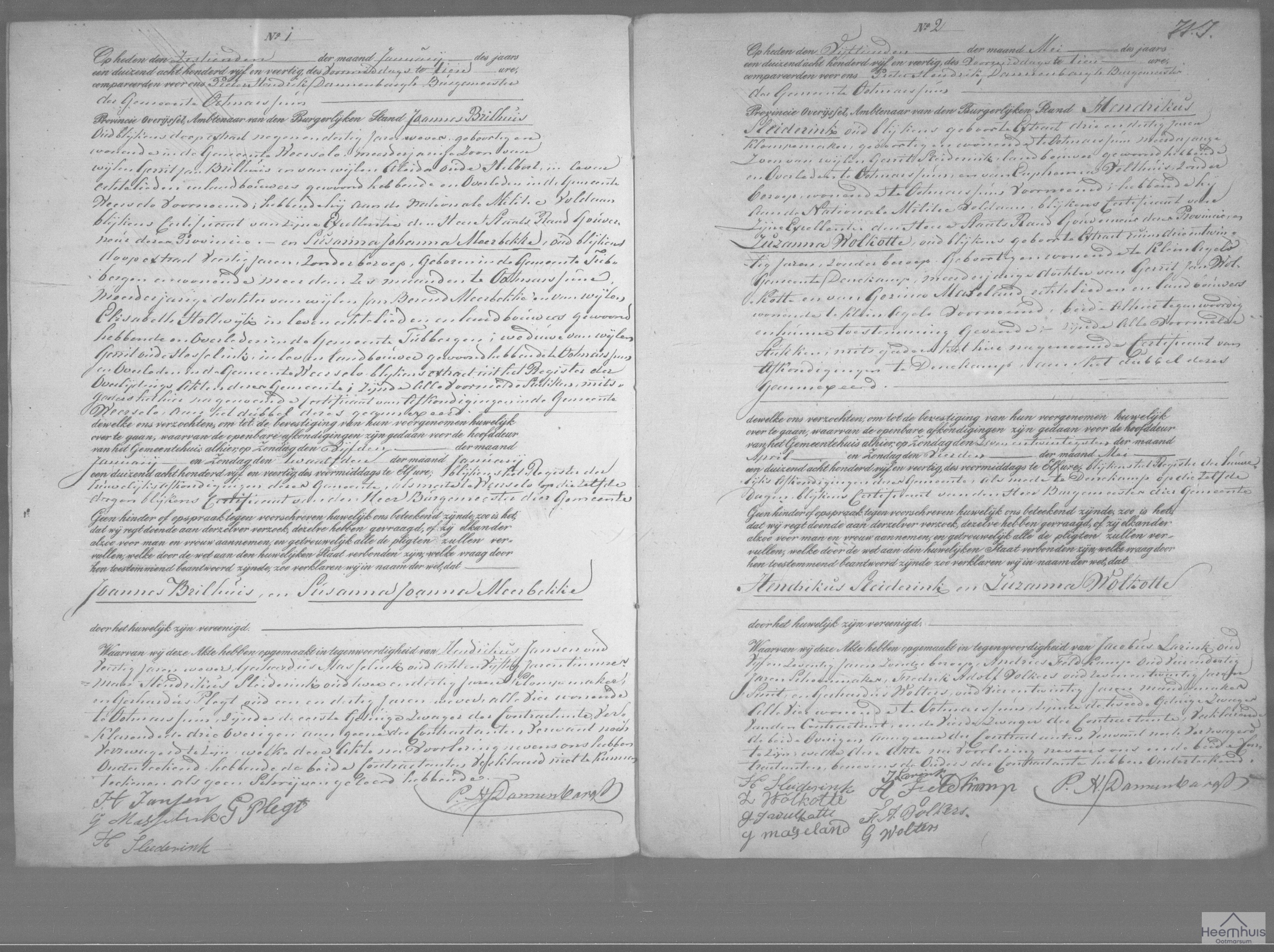 Huwelijksakte van Joannes Brilhuis en Susanna Johanna Meerbekke