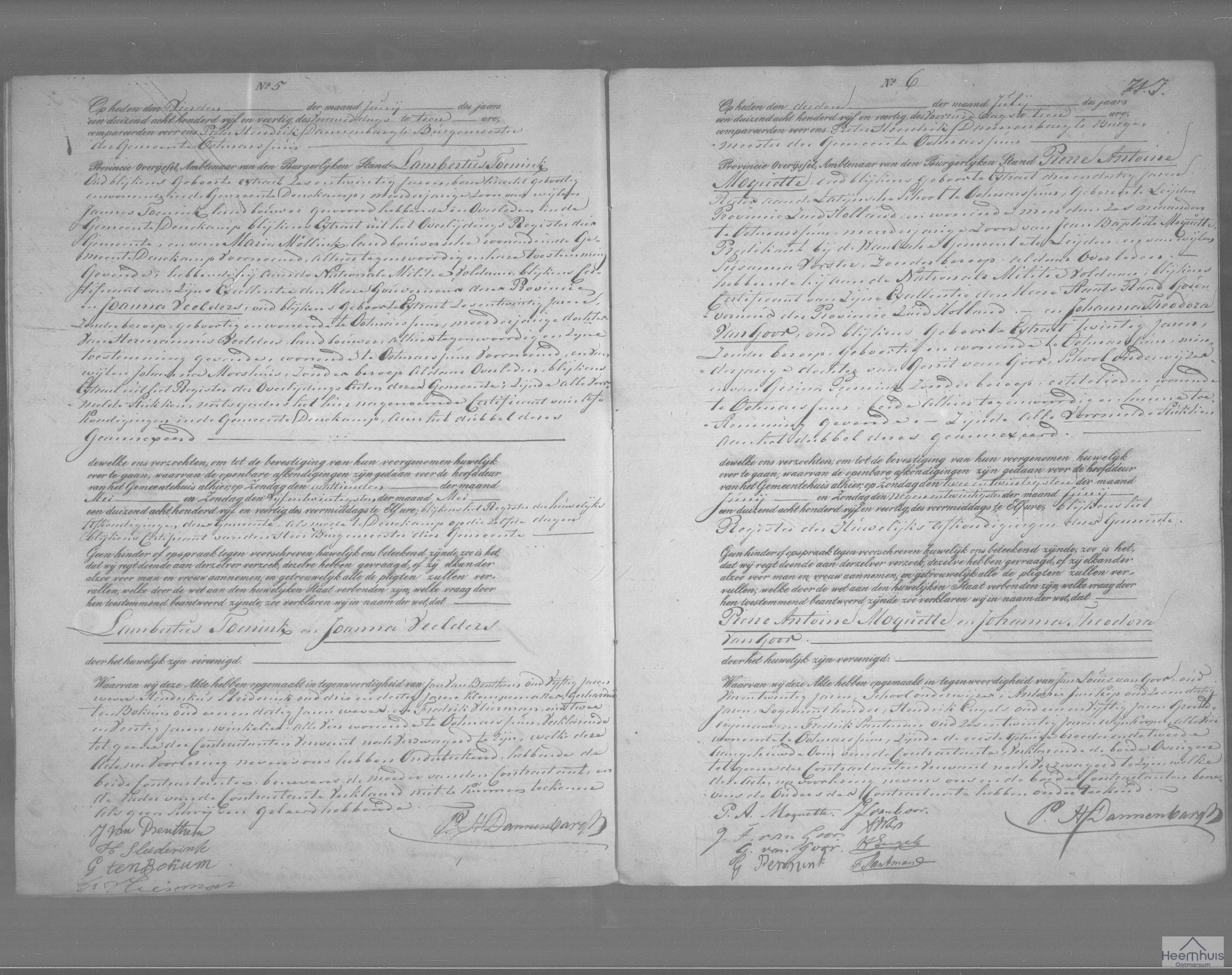 Huwelijksakte van Lambertus Toenink en Joanna Veelders