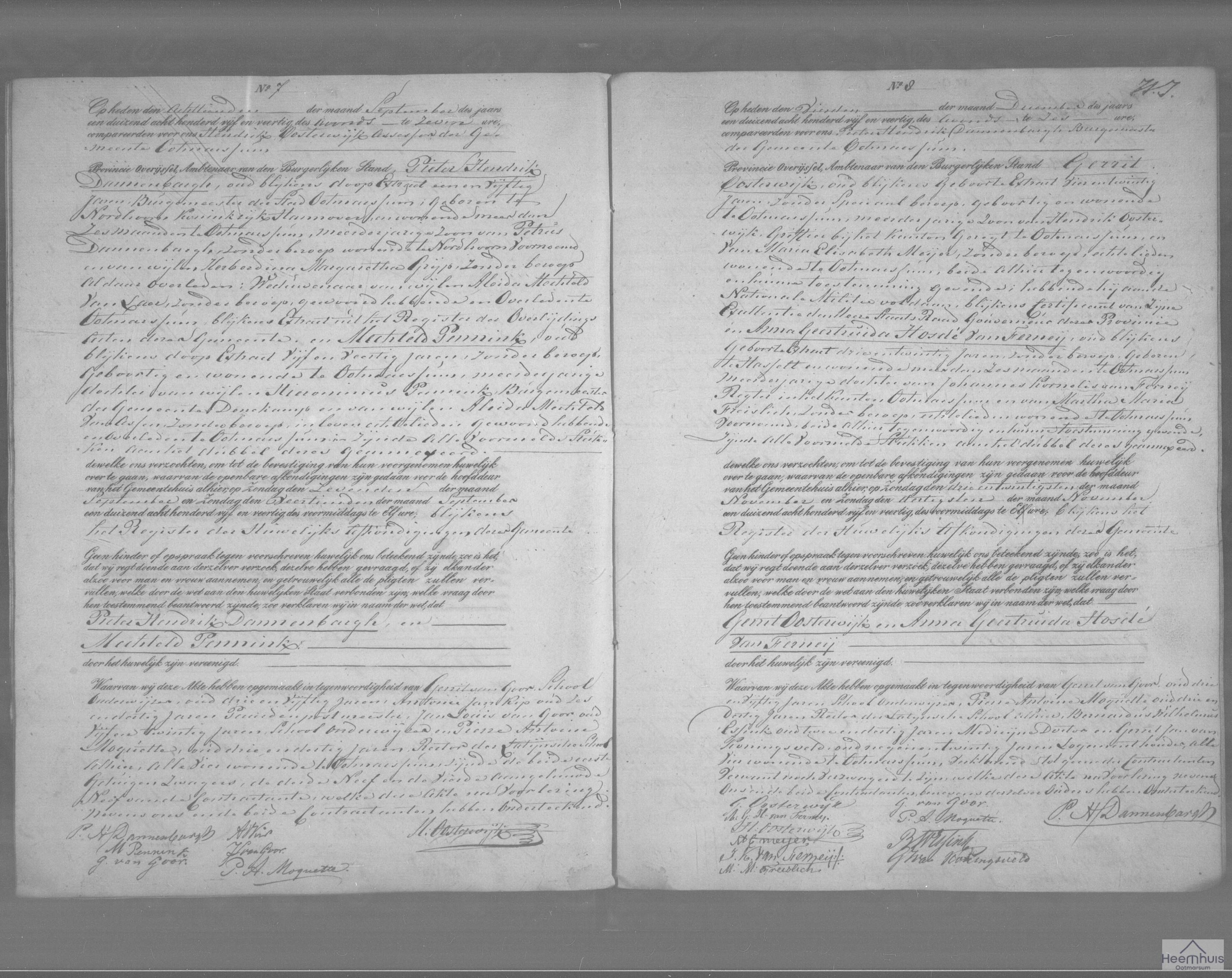 Huwelijksakte van Gerrit Oosterwijk en Anna Geertruida Hosdé van Ferneij