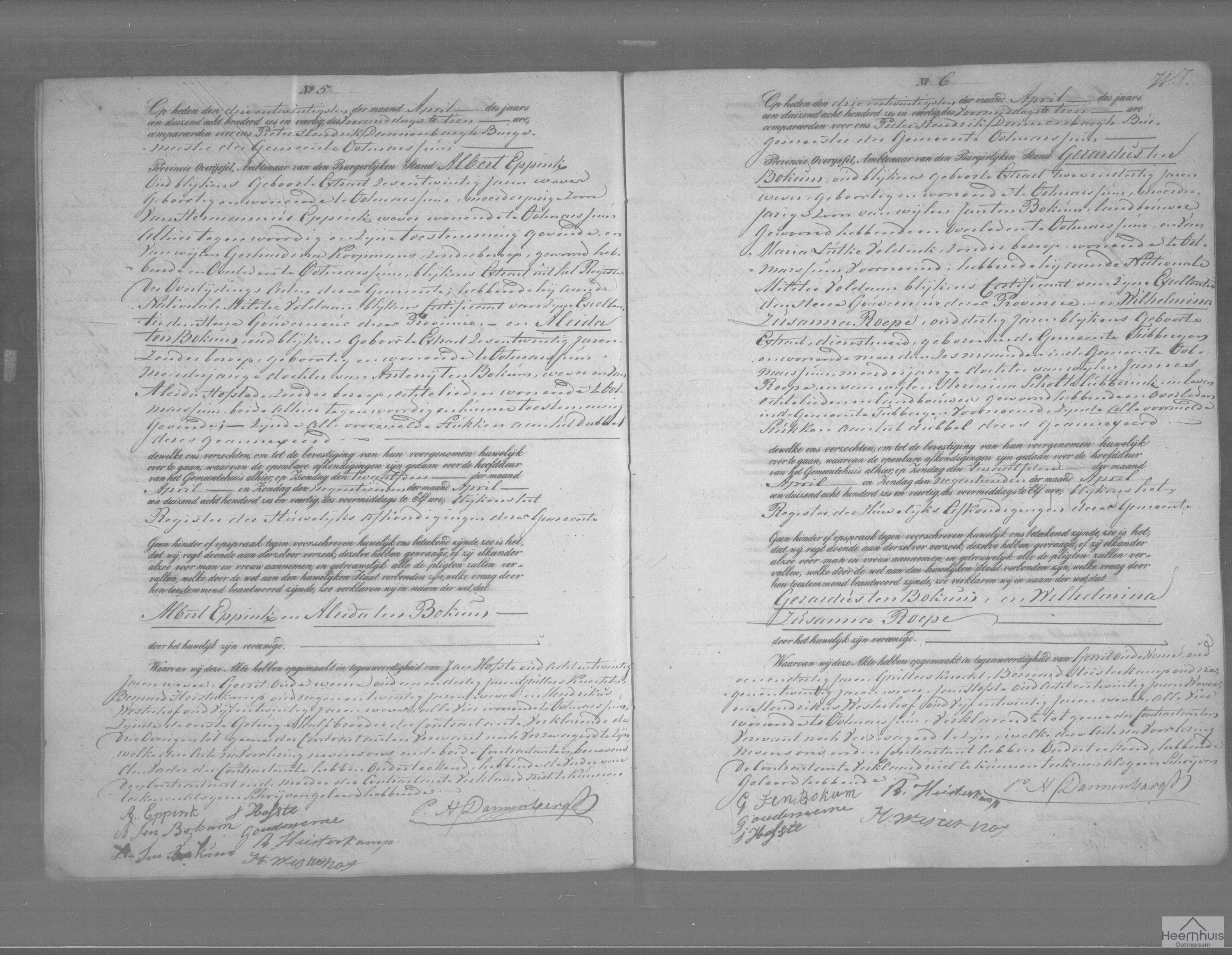 Huwelijksakte van Gerardus ten Bokum en Wilhelmina Zusanna Roepe