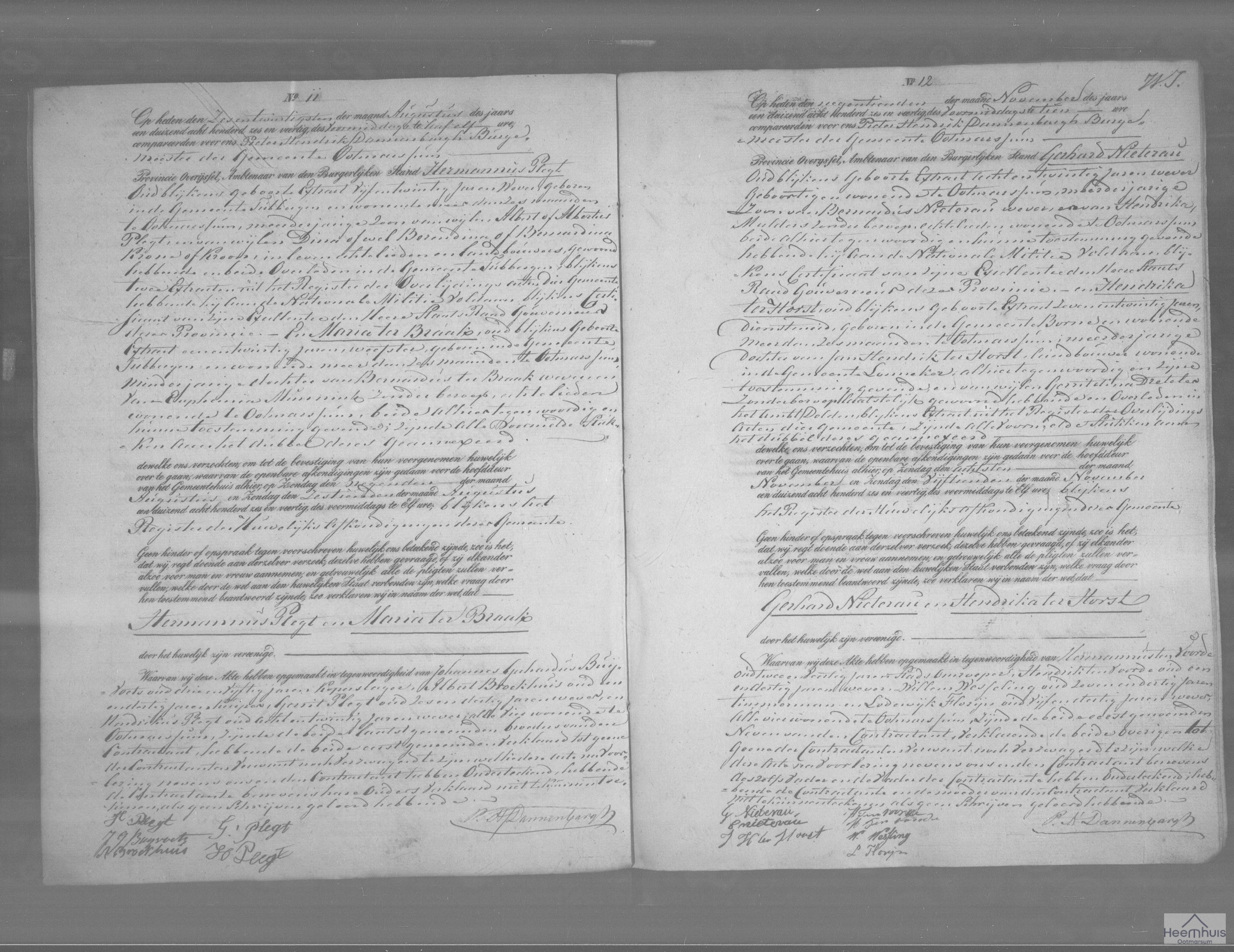 Huwelijksakte van Hermannus Plegt en Maria ter Braak