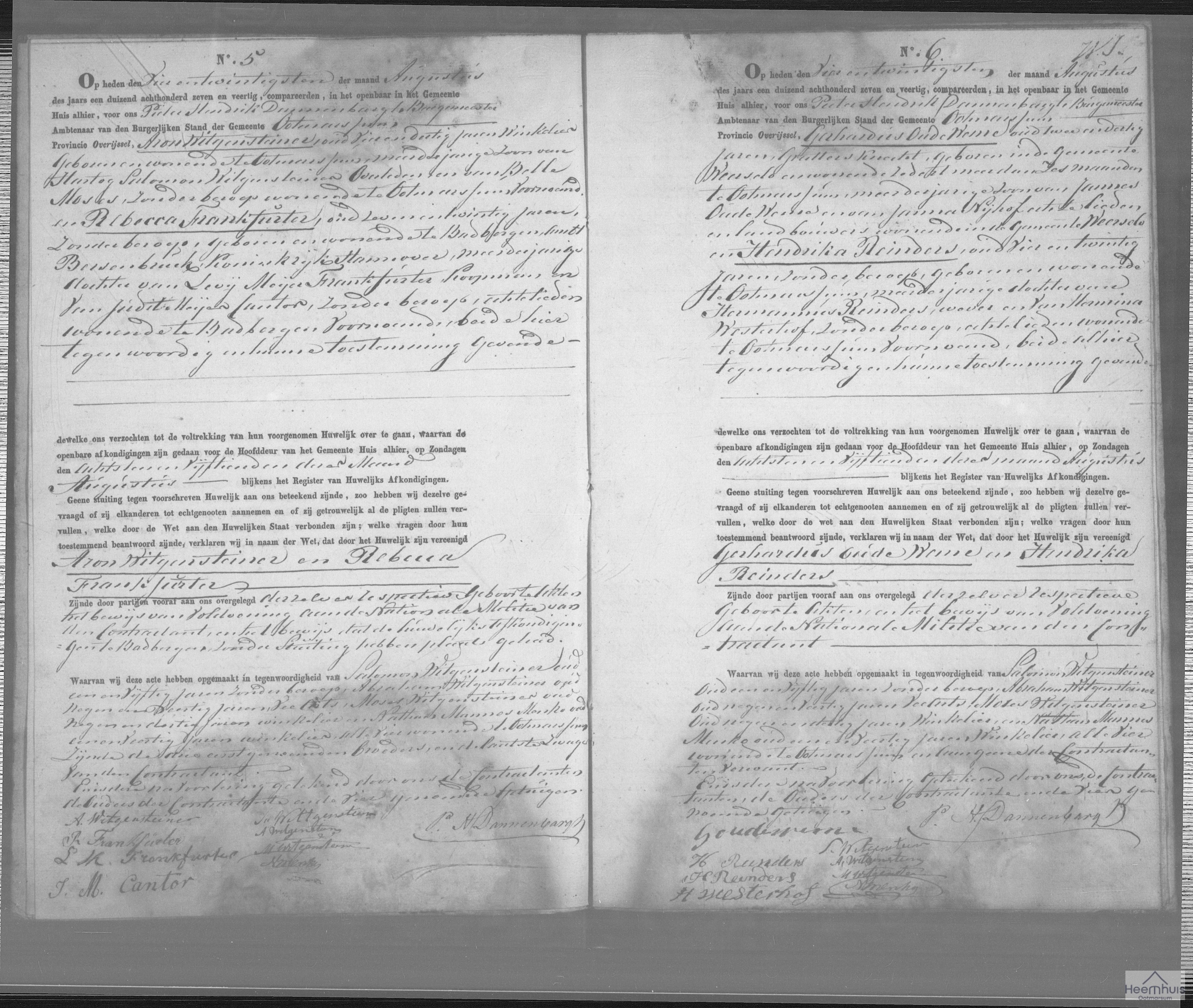 Huwelijksakte van Aäron Wittgensteiner en Rebekka Frankfurter