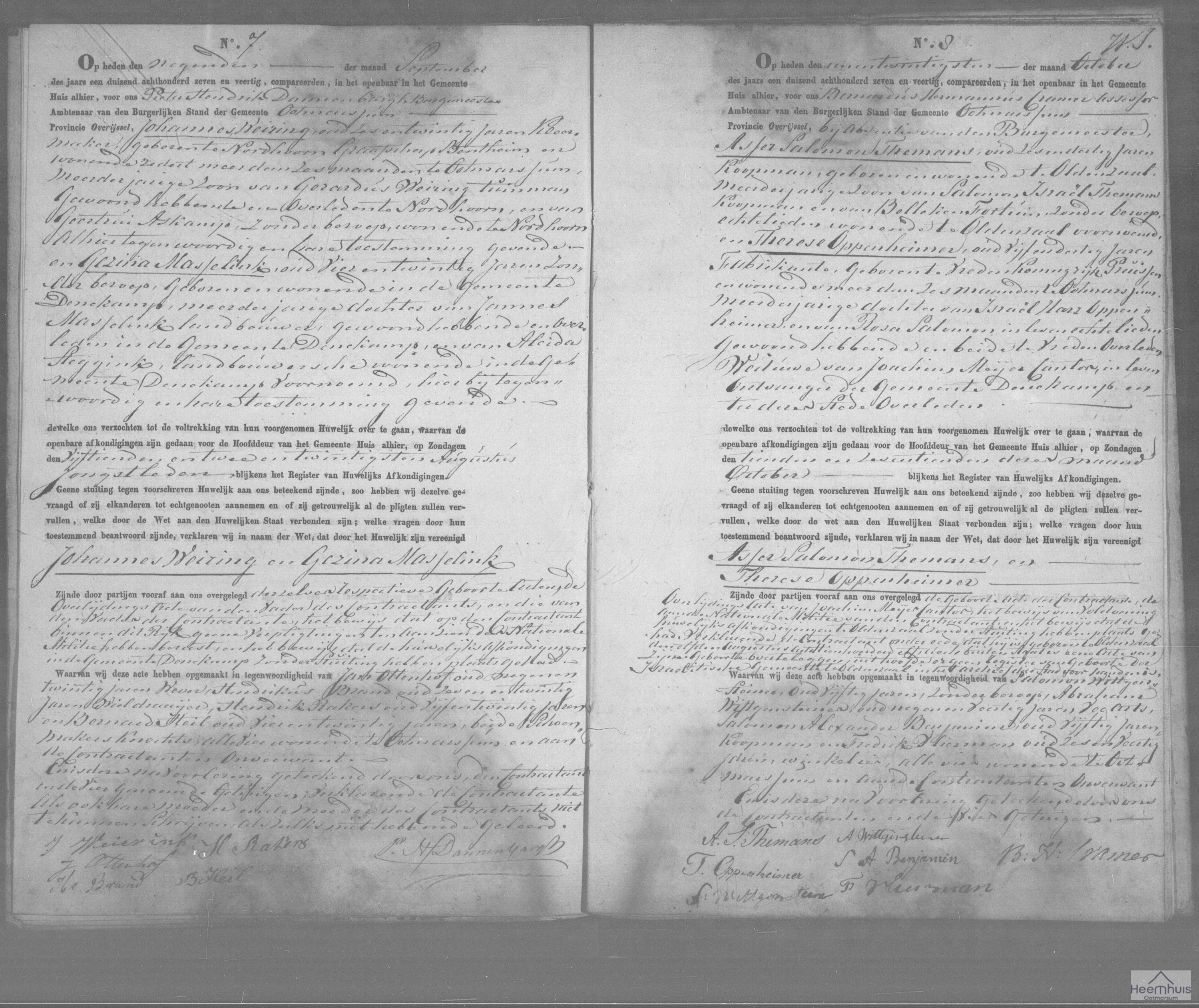 Huwelijksakte van Asser Salomon Themans en Therese Oppenheimer