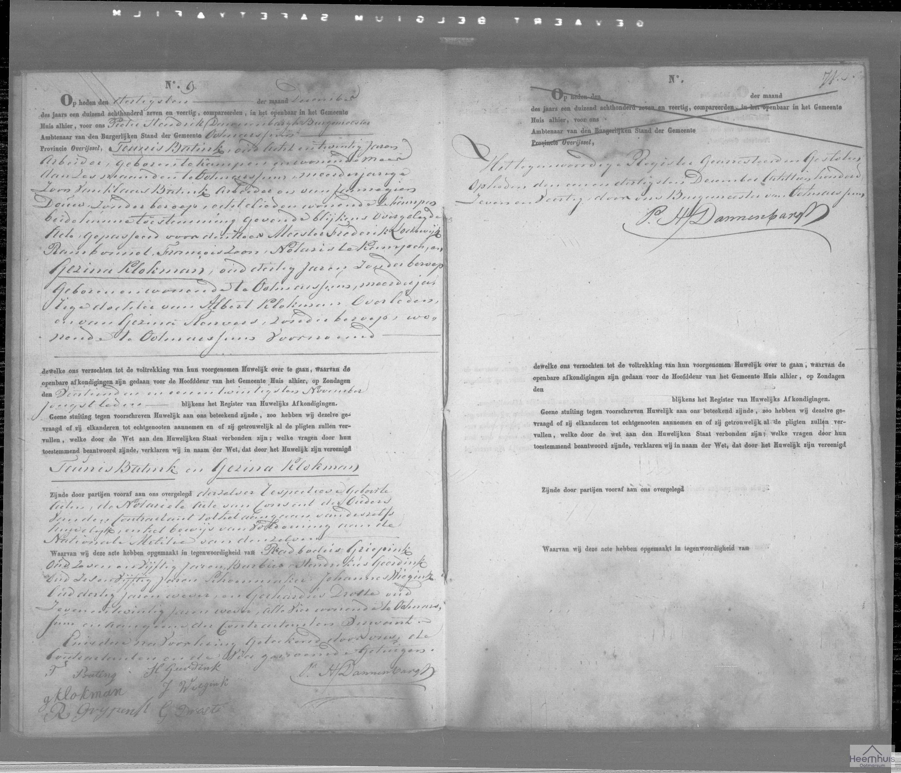Huwelijksakte van Teunis Batink en Gezina Klokman Huwelijksakte van Teunis Batink en Gezina Klokman