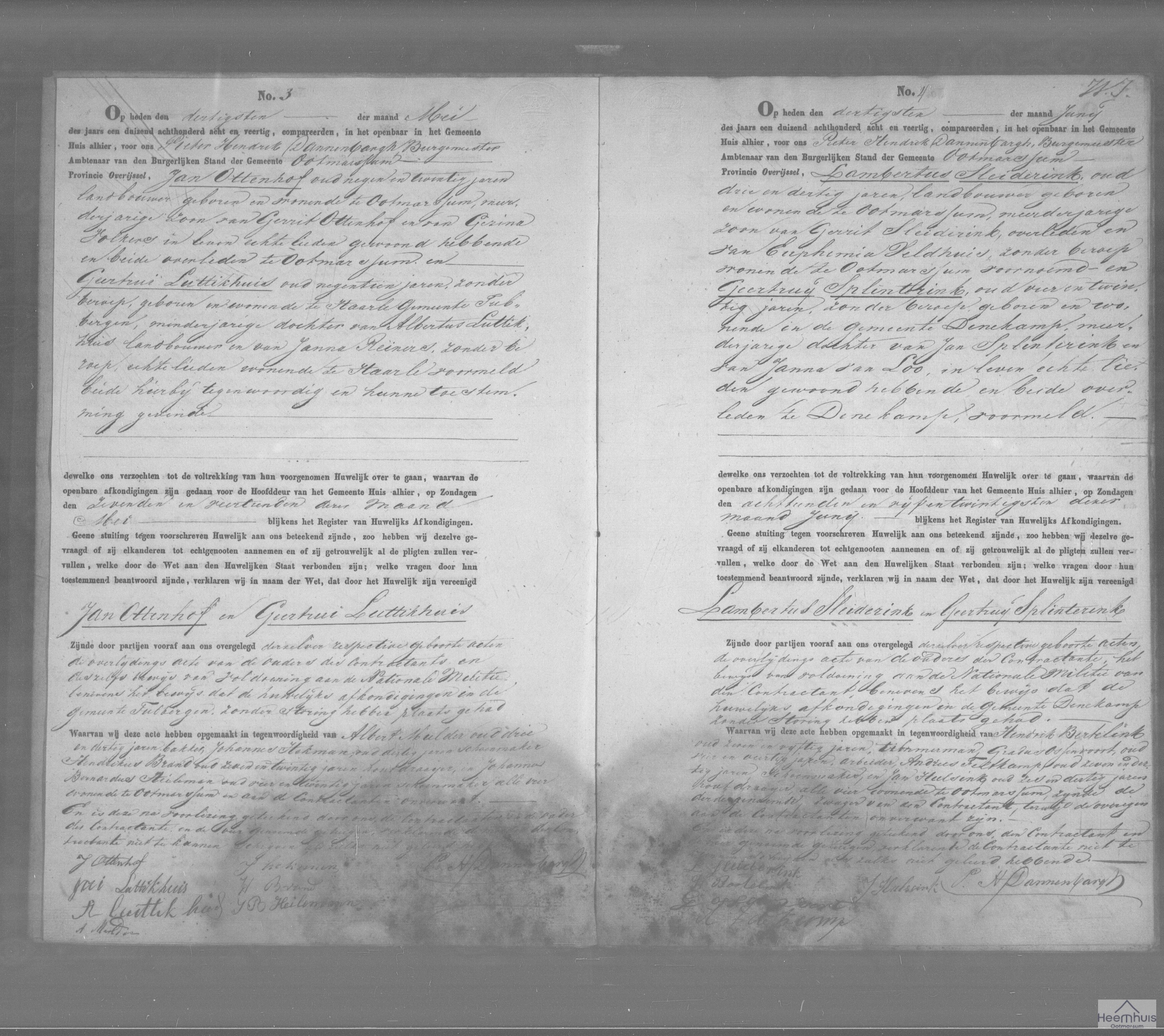 Huwelijksakte van Lambertus Sleiderink en Geertruij Splinterink
