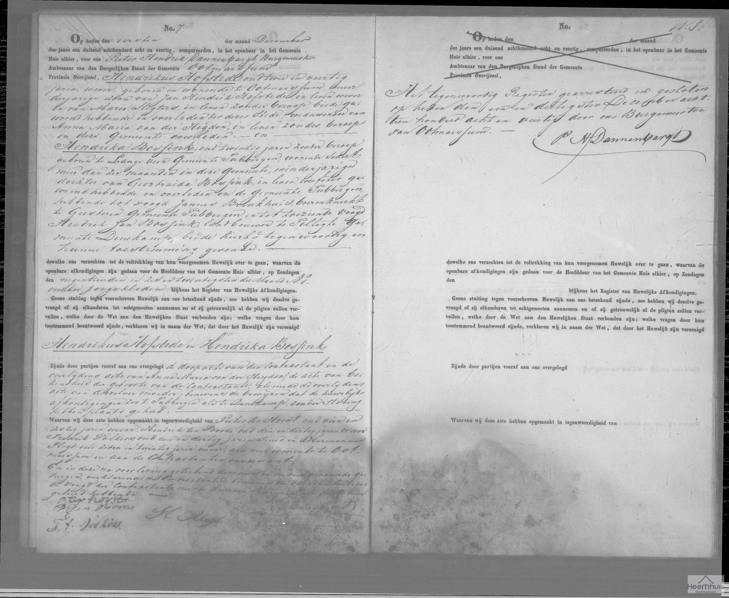 Huwelijksakte van Hendrik Hofste en Hendrika Bossink