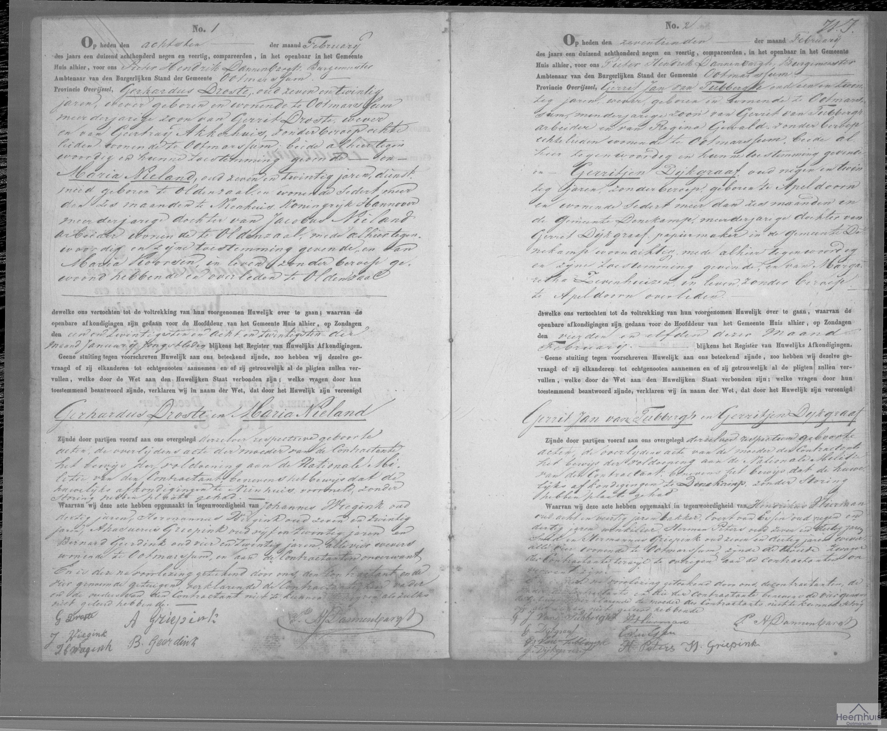 Huwelijksakte van Gerhardus Droste en Maria Nieland