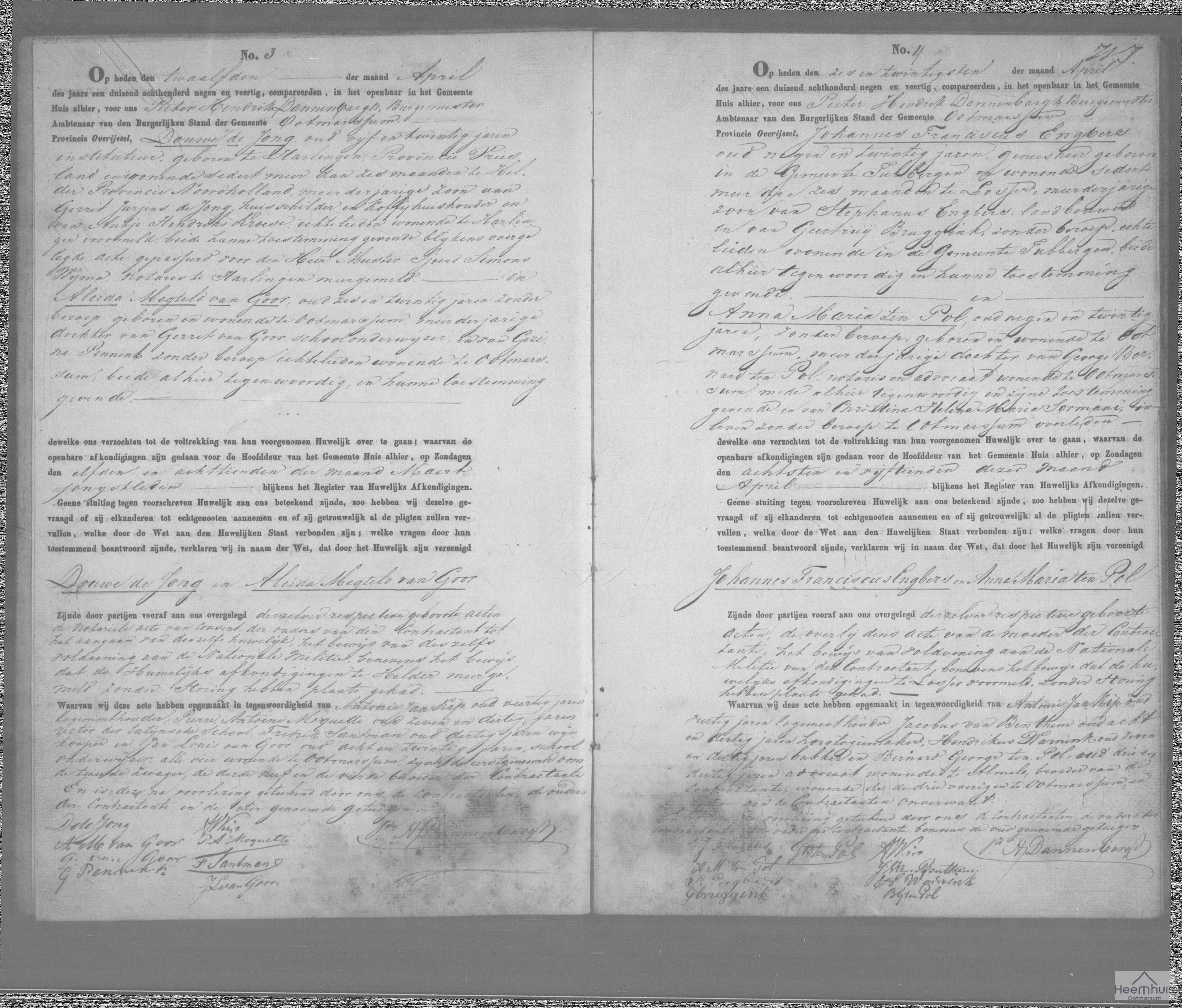 Huwelijksakte van Douwe de Jong en Aleida Megteld van Goor