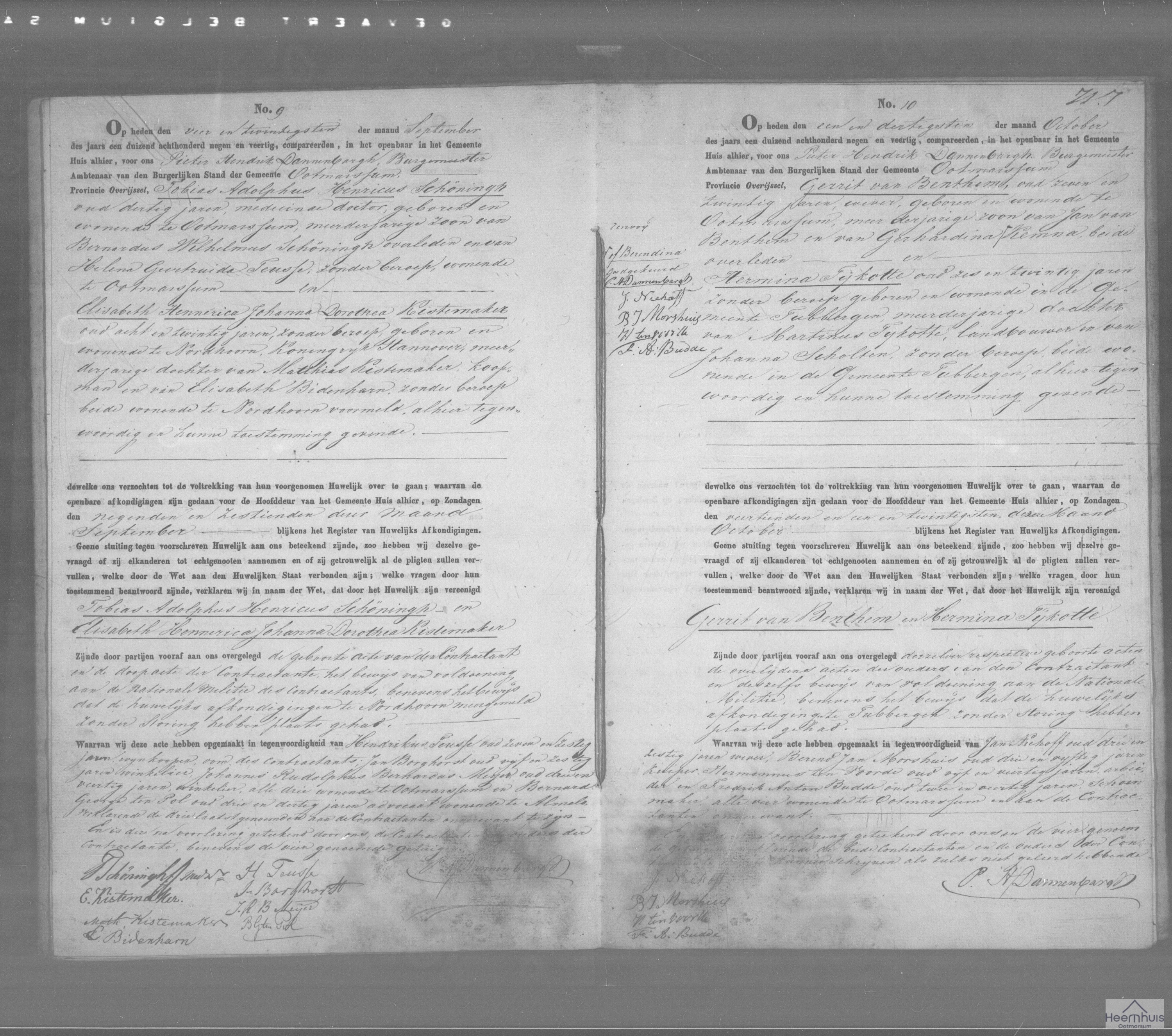 Huwelijksakte van Tobias Adolphus Henricus Schöningh en Elisabeth Hennerica Johanna Dorothea Kistemaker