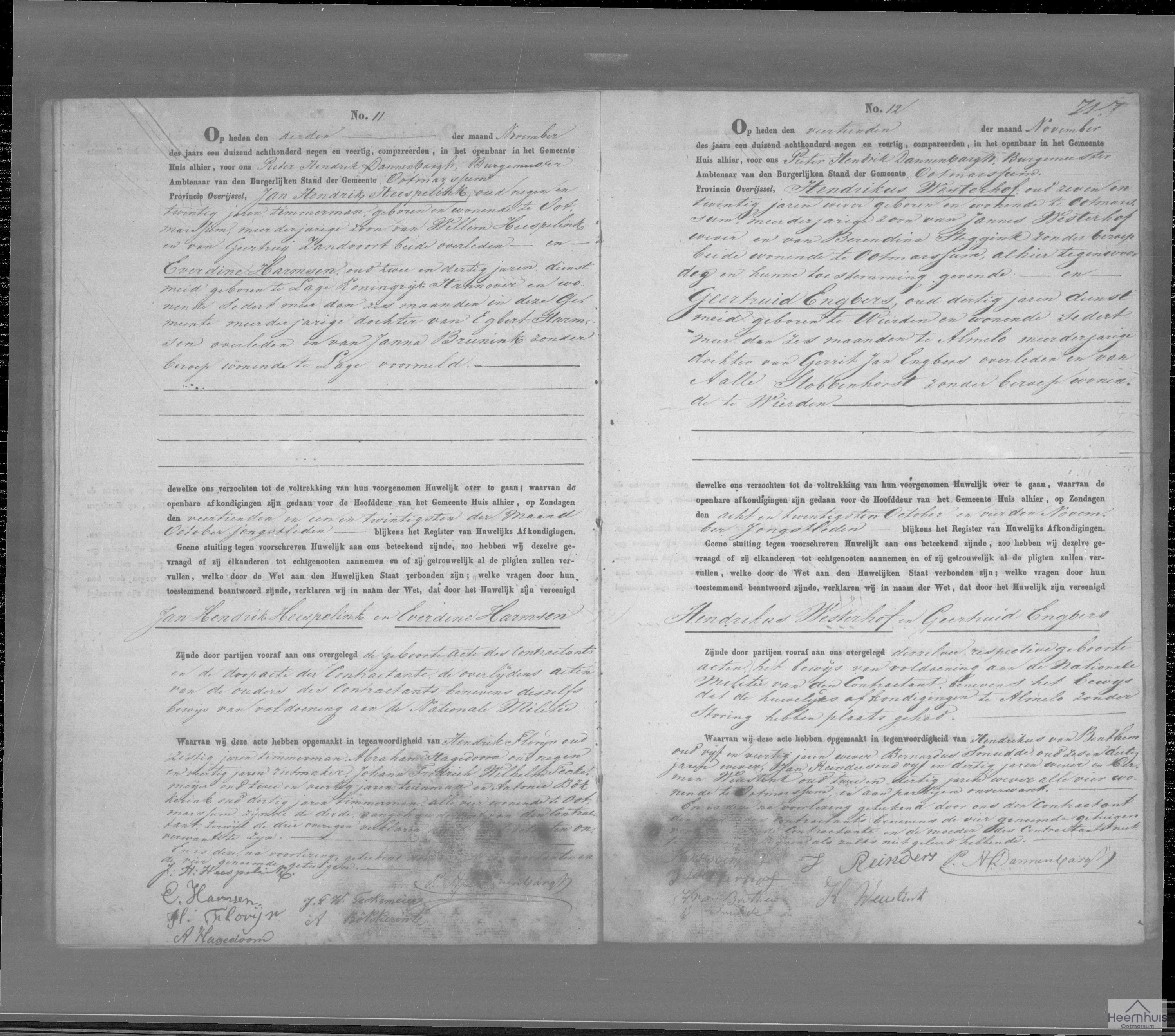 Huwelijksakte van Jan Hendrik Heespelink en Everdina Harmsen