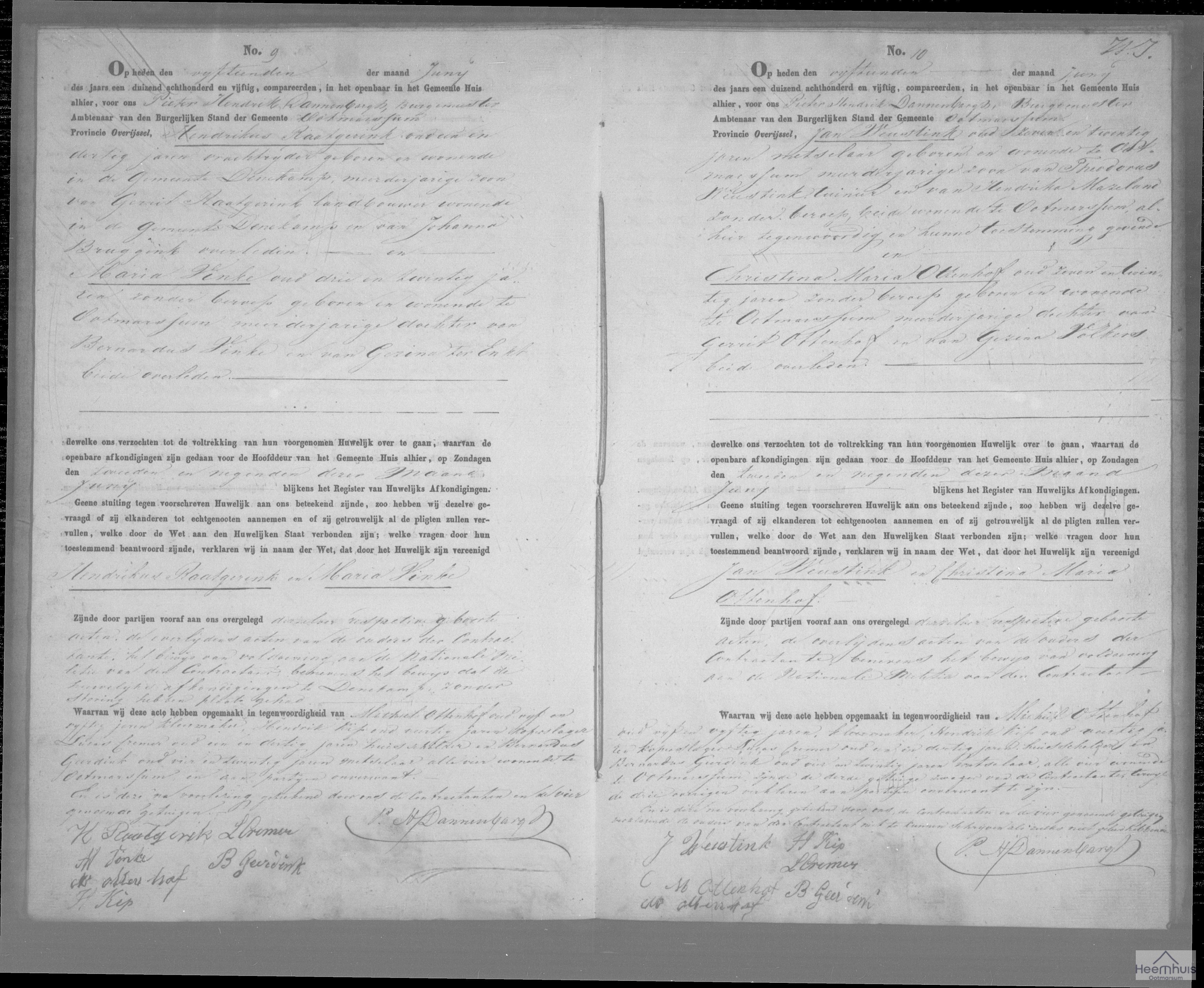 Huwelijksakte van Jan Weustink en Christina Maria Ottenhof