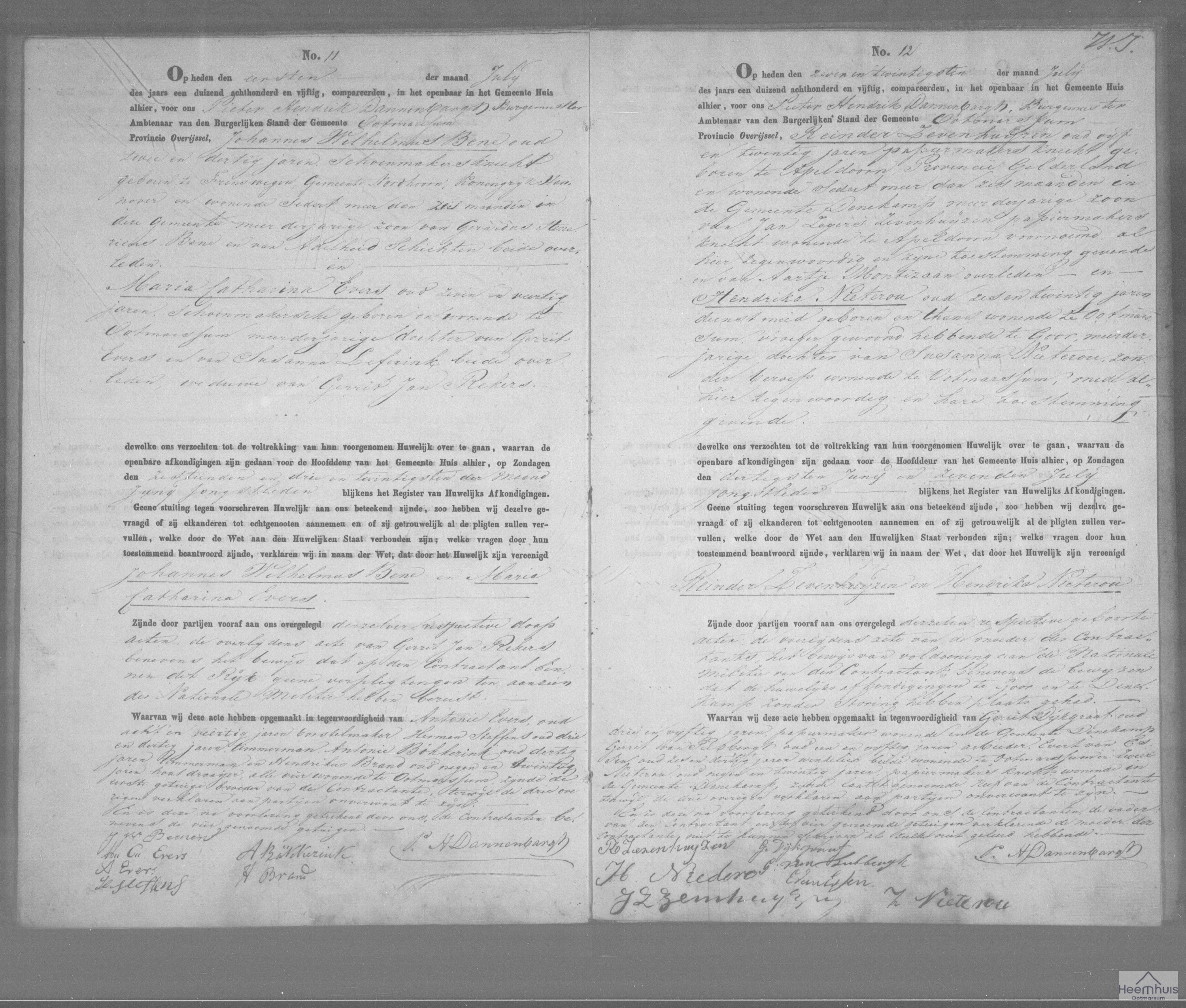 Huwelijksakte van Johannes Wilhelmus Bene en Maria Catharina Evers Huwelijksakte van Johannes Wilhelmus Bene en Maria Catharina Evers