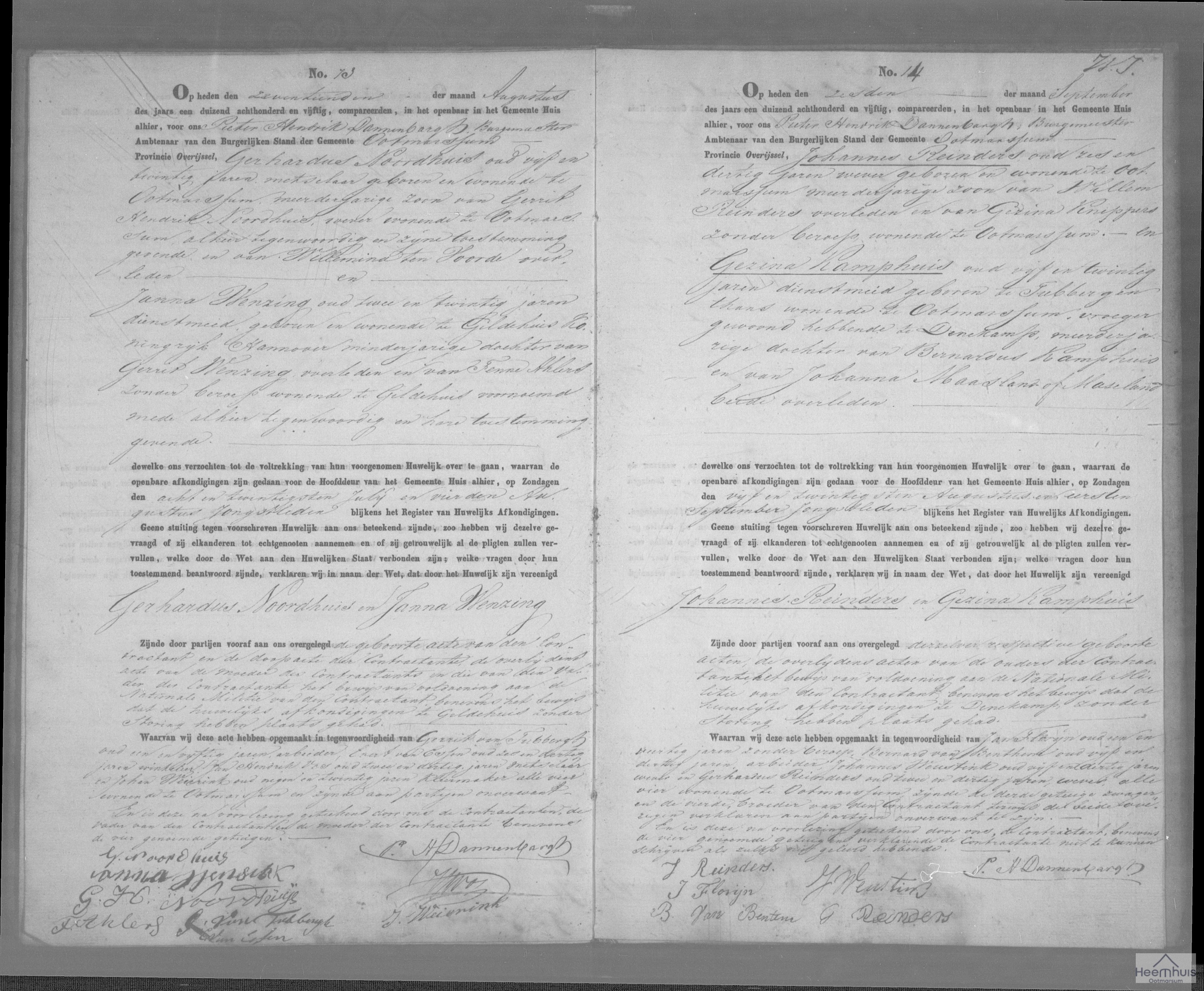 Huwelijksakte van Johannes Reinders en Gezina Kamphuis