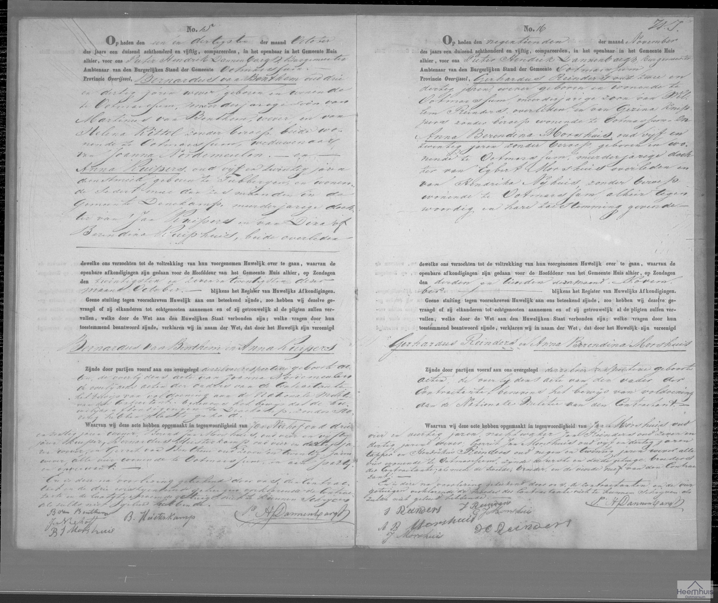 Huwelijksakte van Gerhardus Reinders en Anna Berendina Morshuis