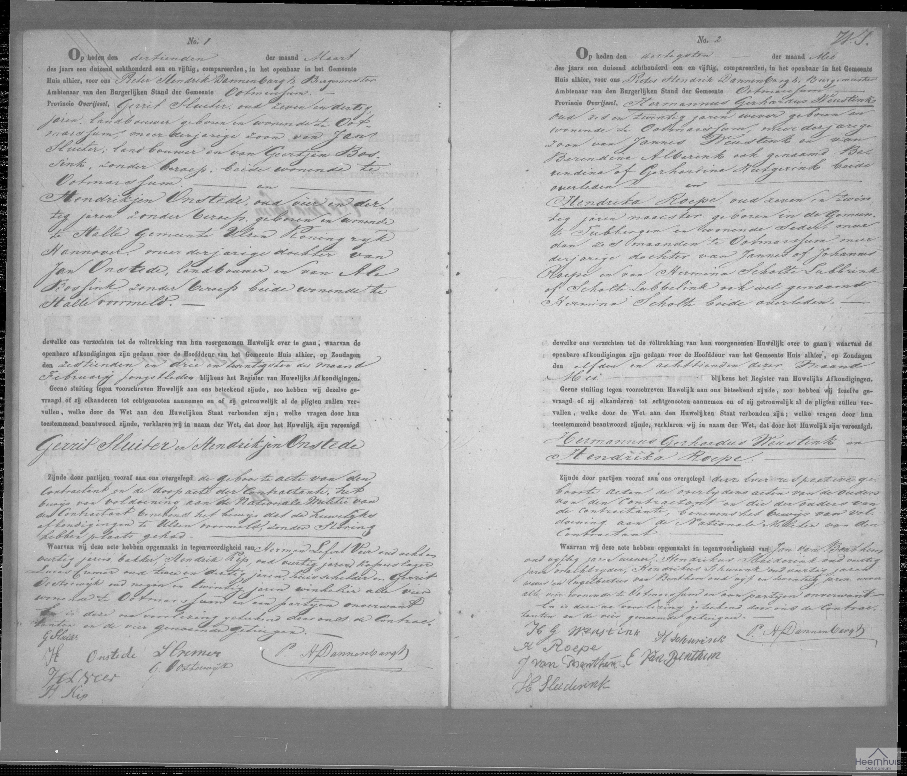 Huwelijksakte van Hermannus Gerhardus Weustink en Hendrika Roepe