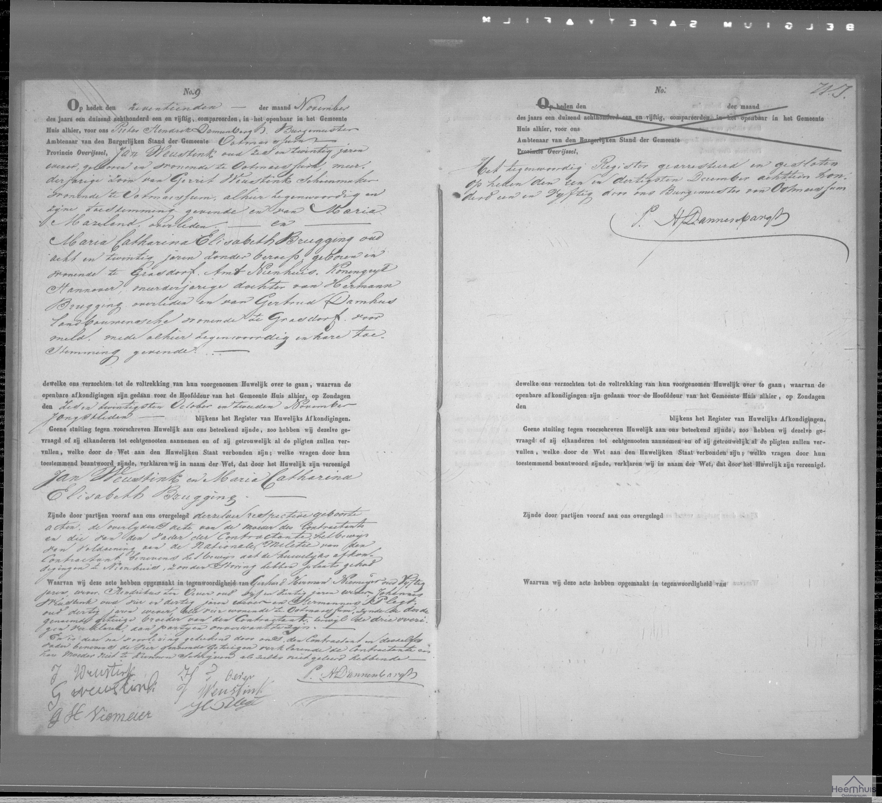 Huwelijksakte van Jan Weustink en Maria Catharina Elisabeth Brugging