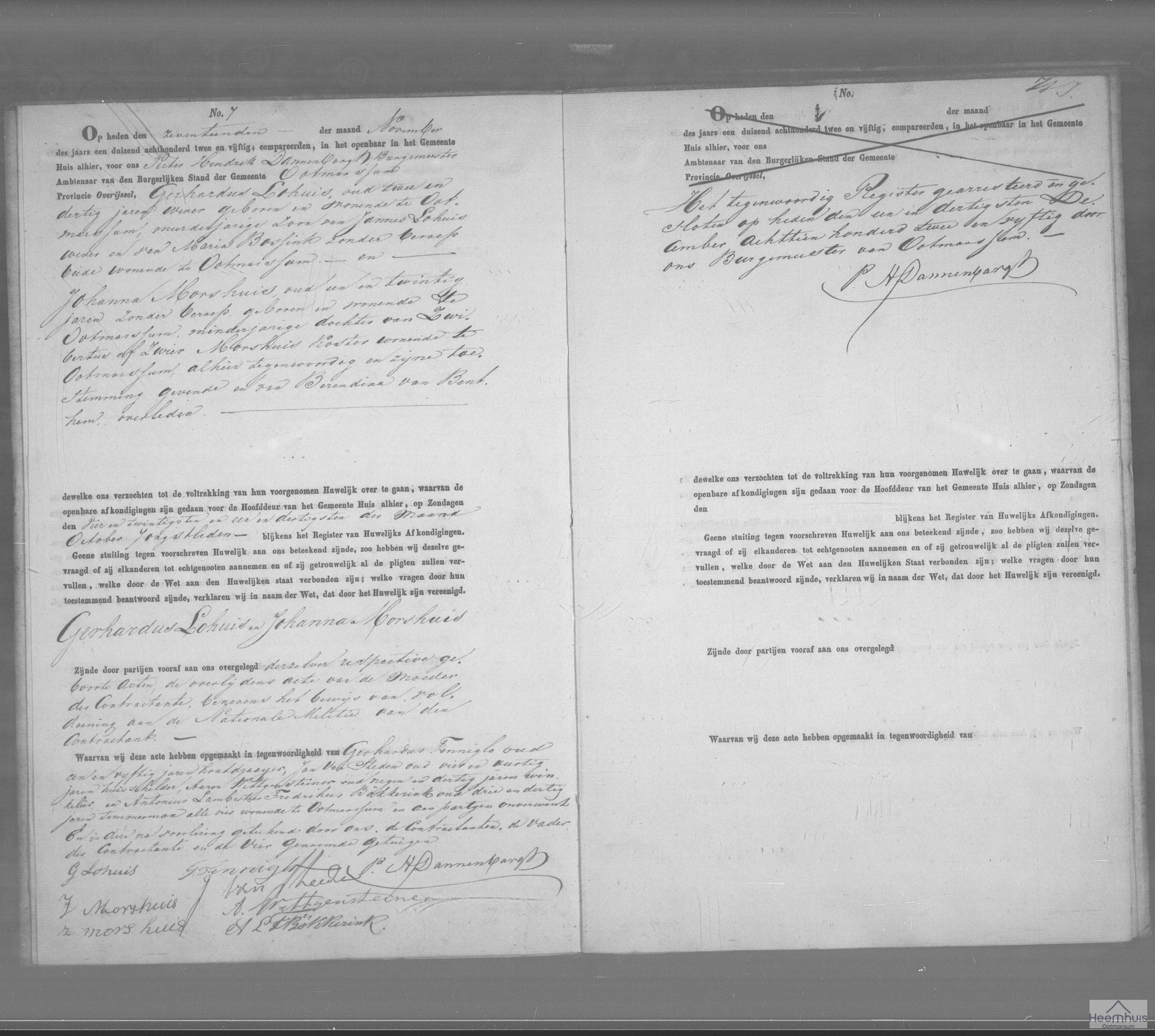 Huwelijksakte van Gradus Lohuis en Johanna Morshuis