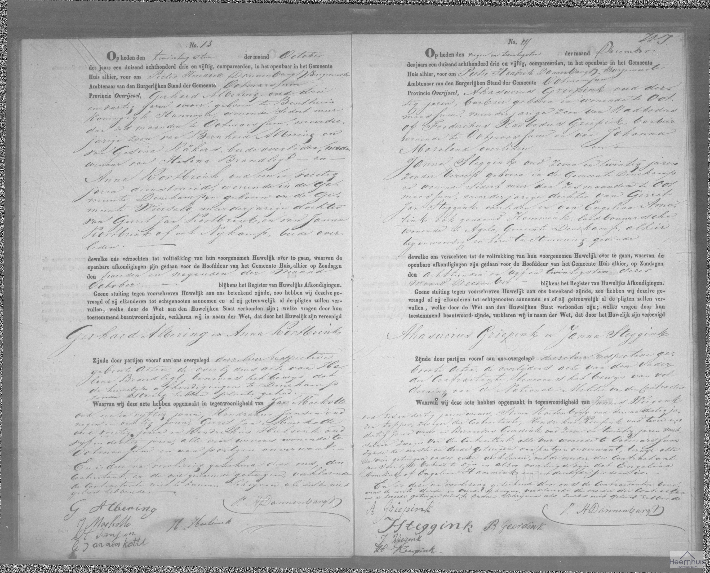 Huwelijksakte van Ahasuerus Griepink en Janna Steggink