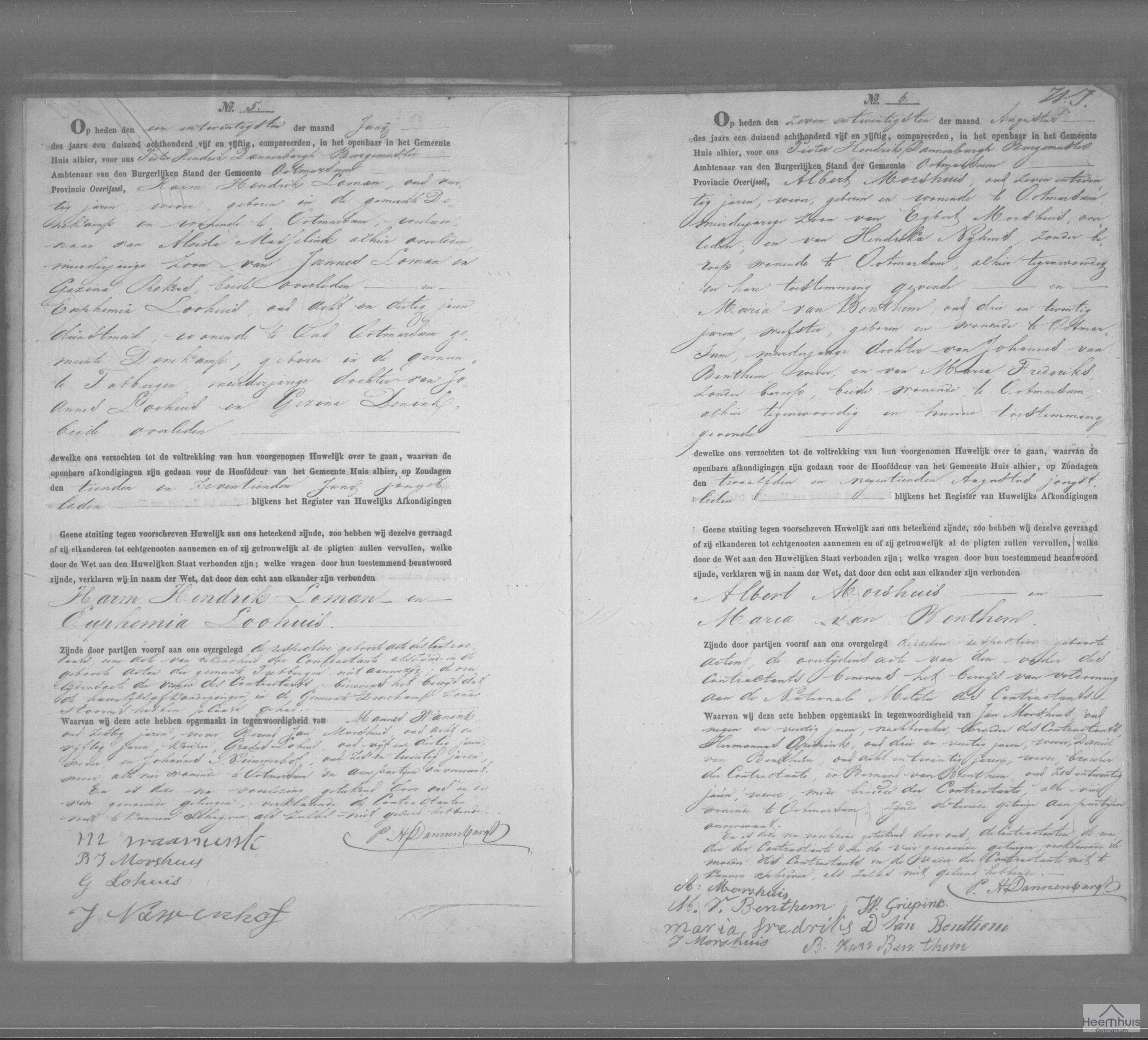 Huwelijksakte van Albert Morshuis en Maria van Benthem