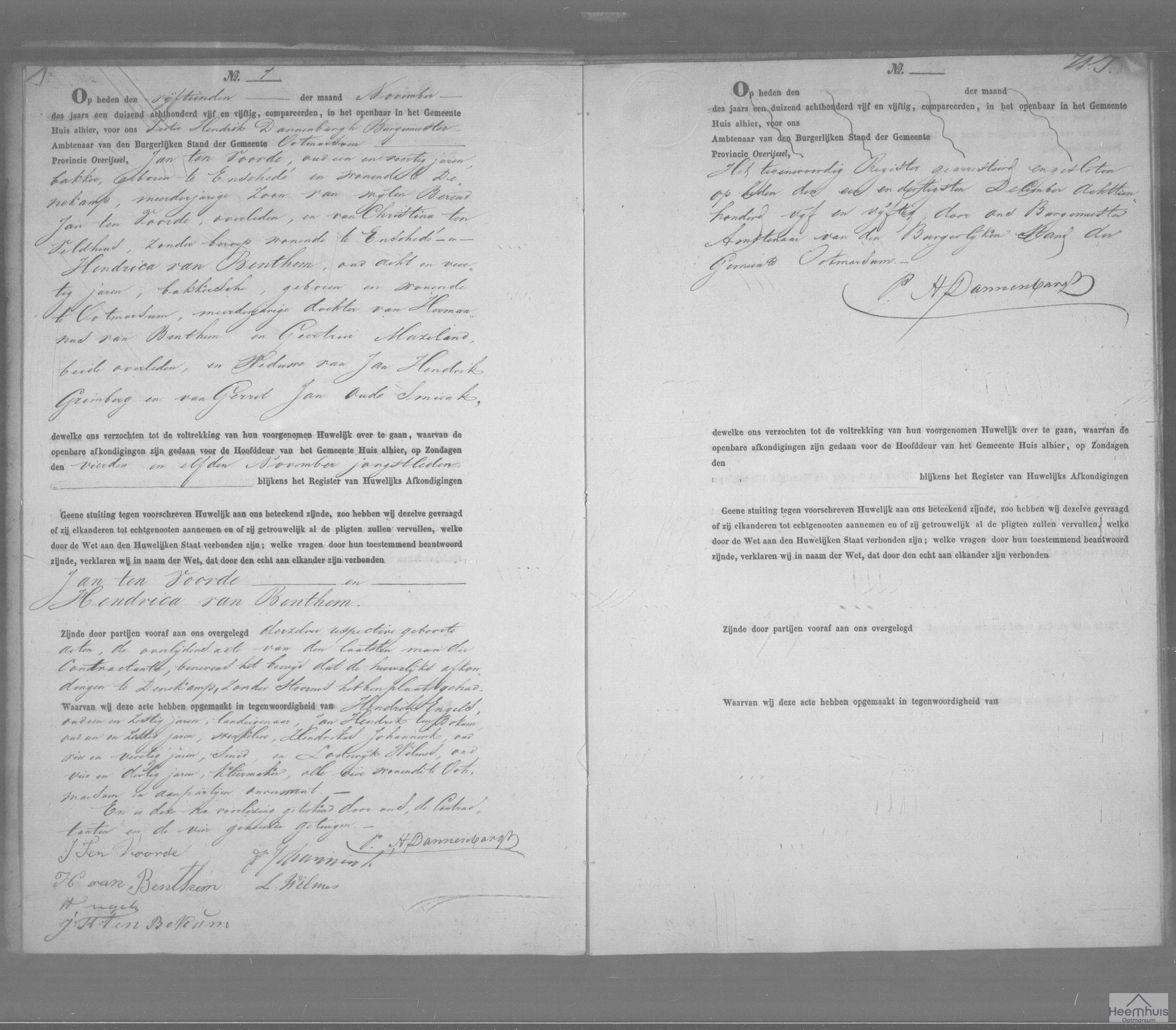 Huwelijksakte van Jan ten Voorde en Hendrica van Benthem