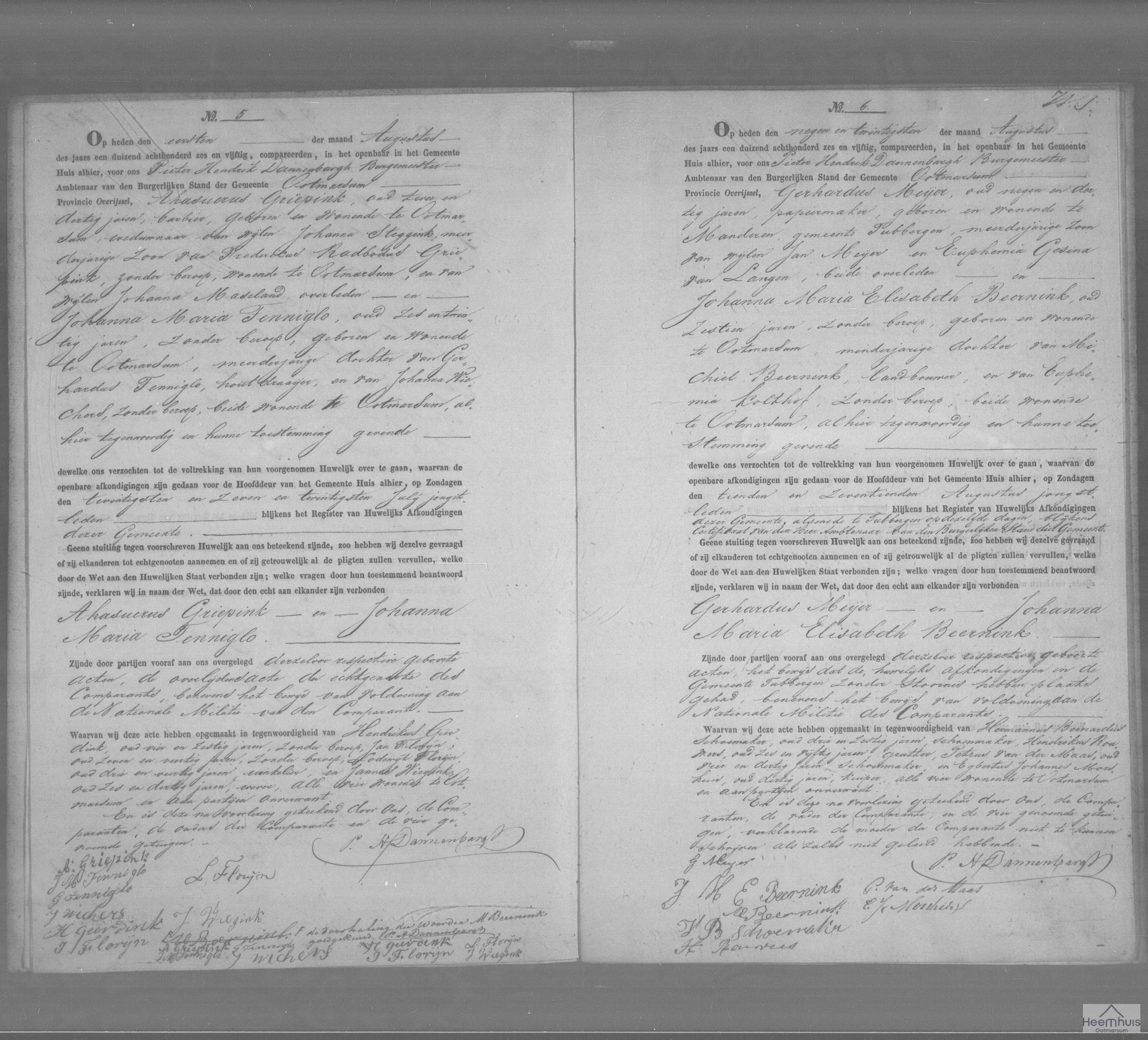 Huwelijksakte van Ahasuerus Griepink en Johanna Maria Tenniglo Huwelijksakte van Ahasuerus Griepink en Johanna Maria Tenniglo