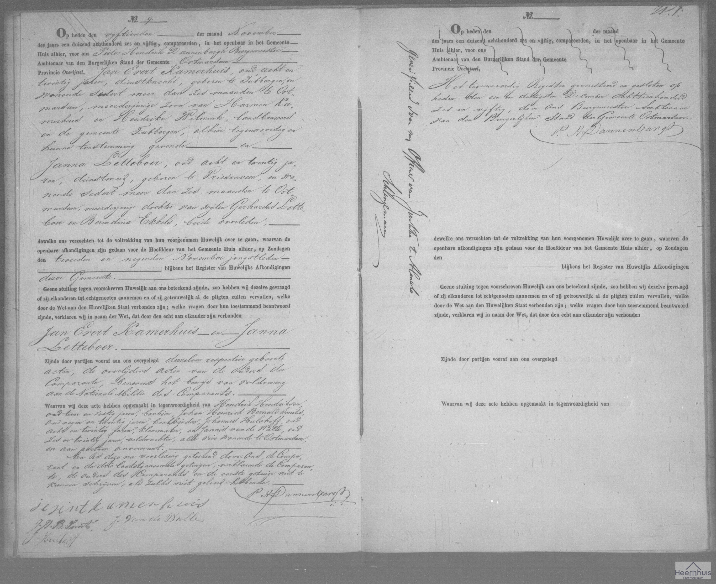 Huwelijksakte van Jan Evert Kamerhuis en Janna Letteboer