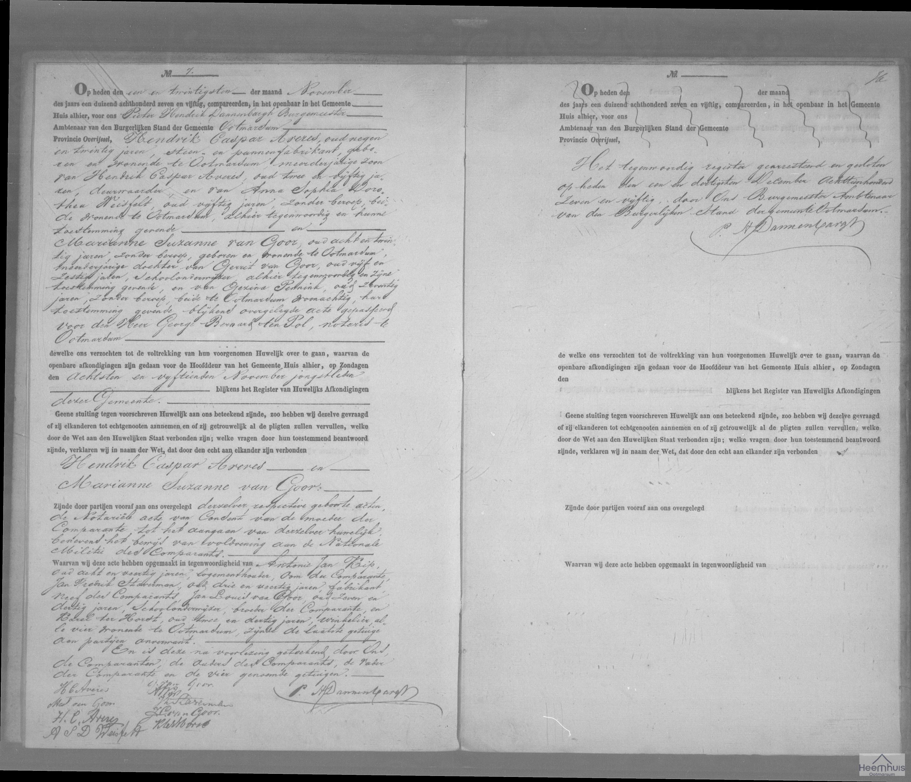 Huwelijksakte van Hendrik Caspar Averes en Marianne Suzanne van Goor