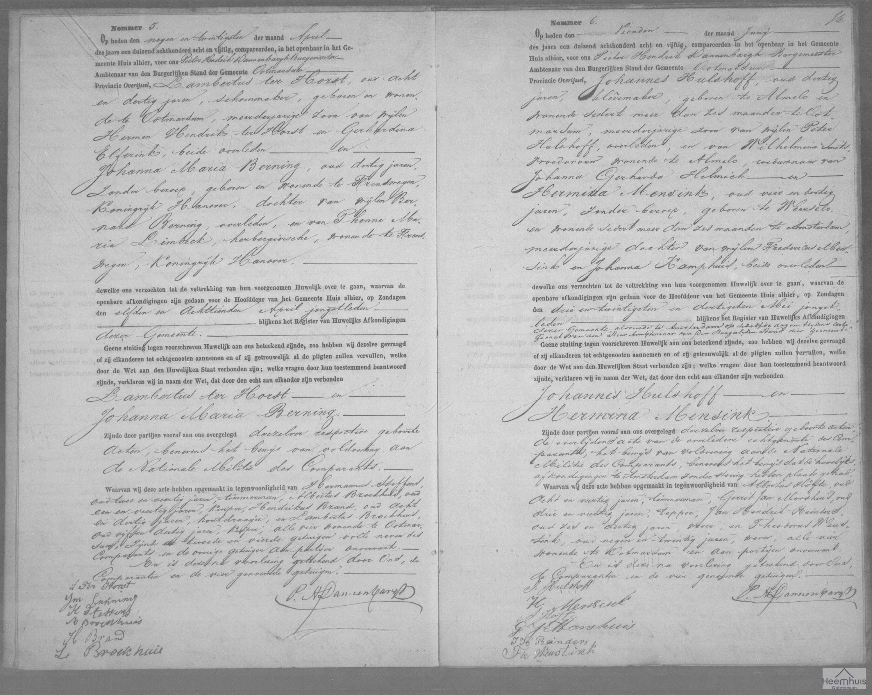 Huwelijksakte van Johannes Hulshoff en Hermina Mensink