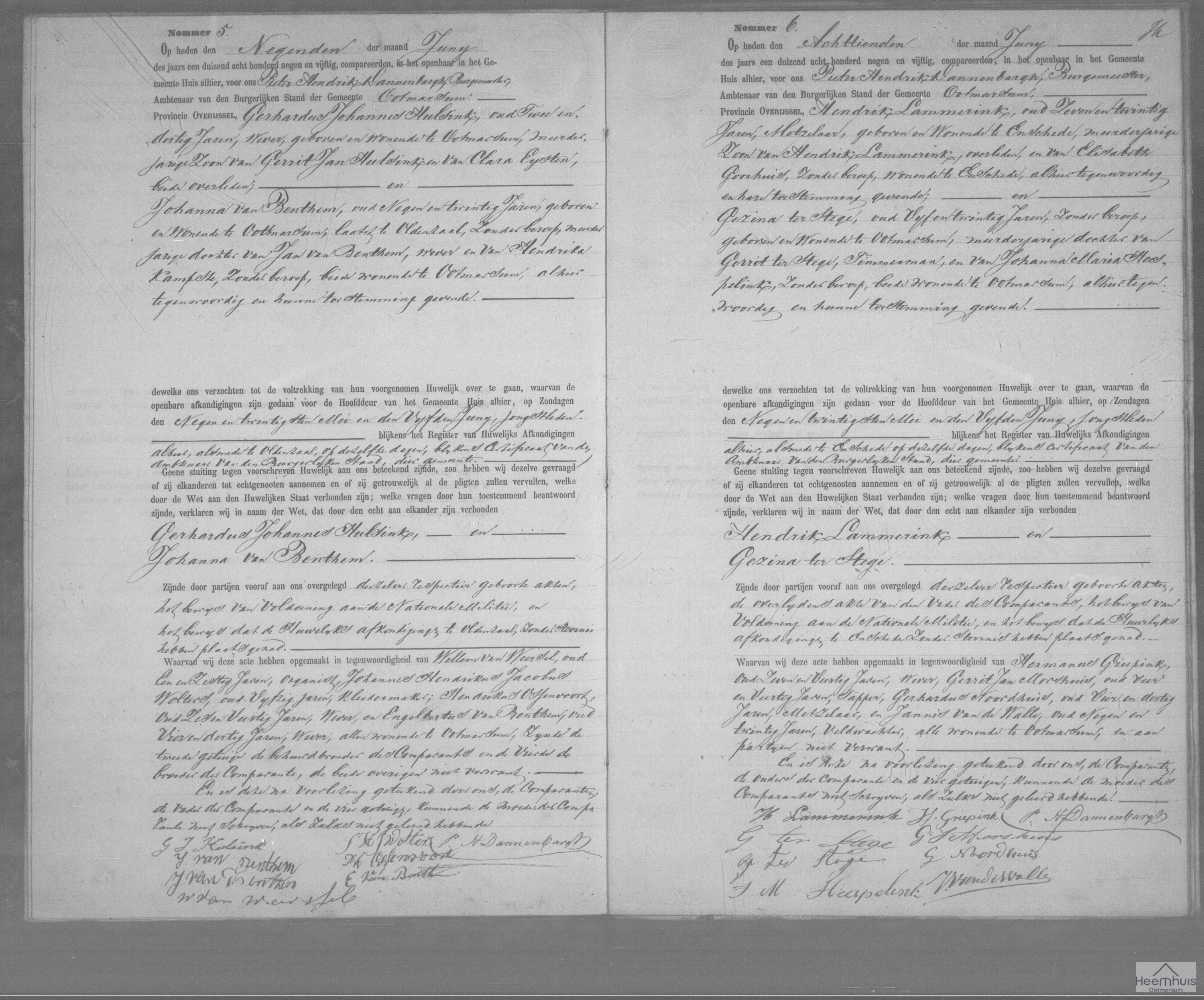 Huwelijksakte van Hendrik Lammerink en Gezina ter Stege