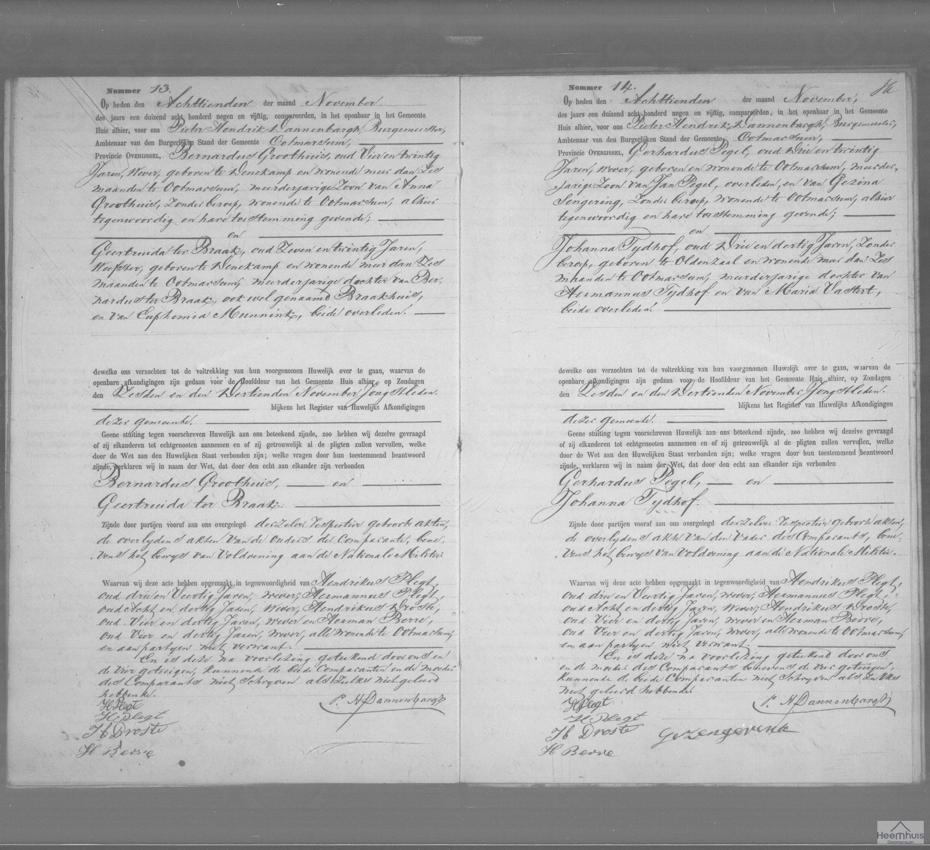 Huwelijksakte van Gerhardus Pegel en Johanna Tijdhof