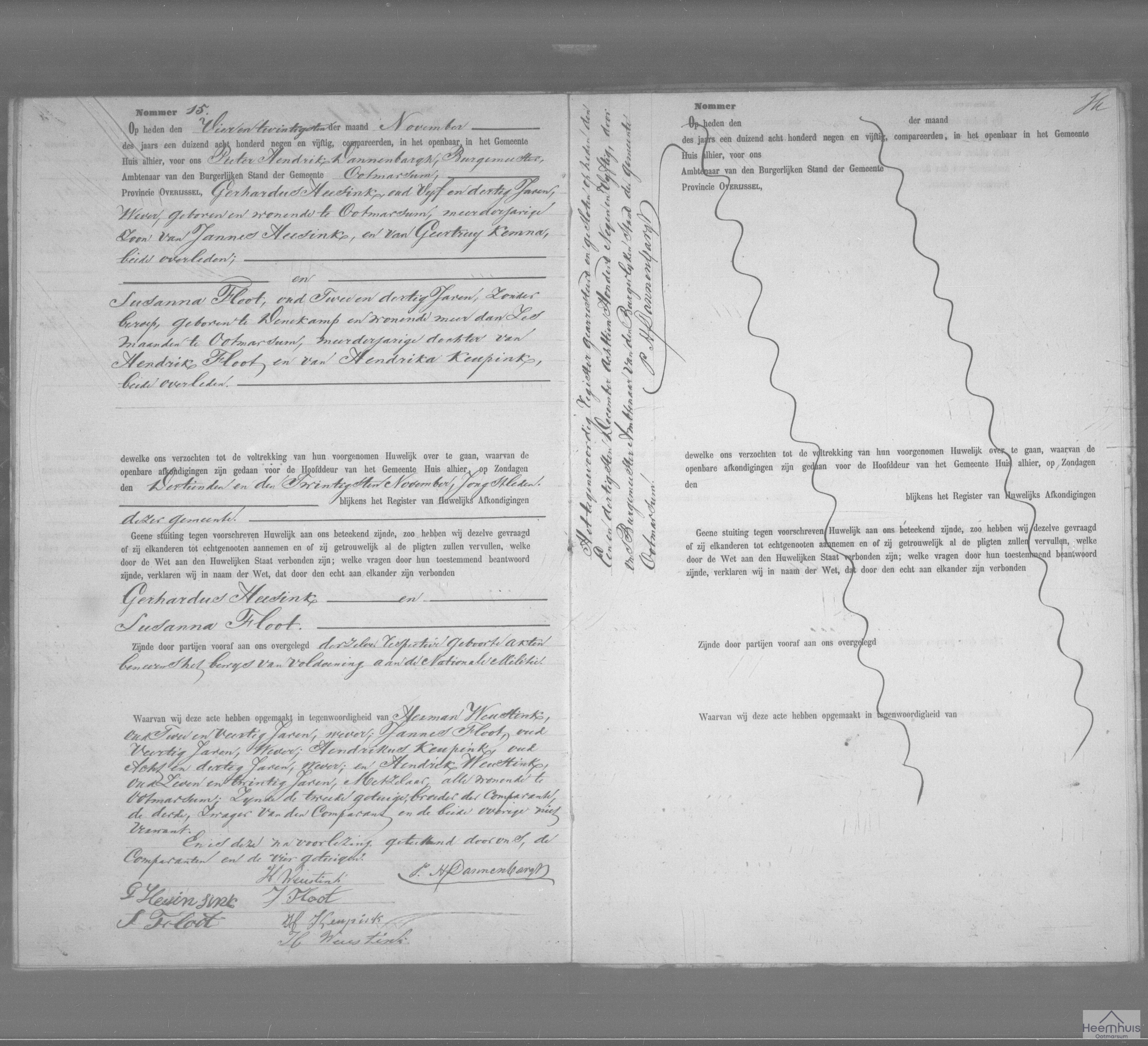 Huwelijksakte van Gerhardus Heesink en Susanna Floot