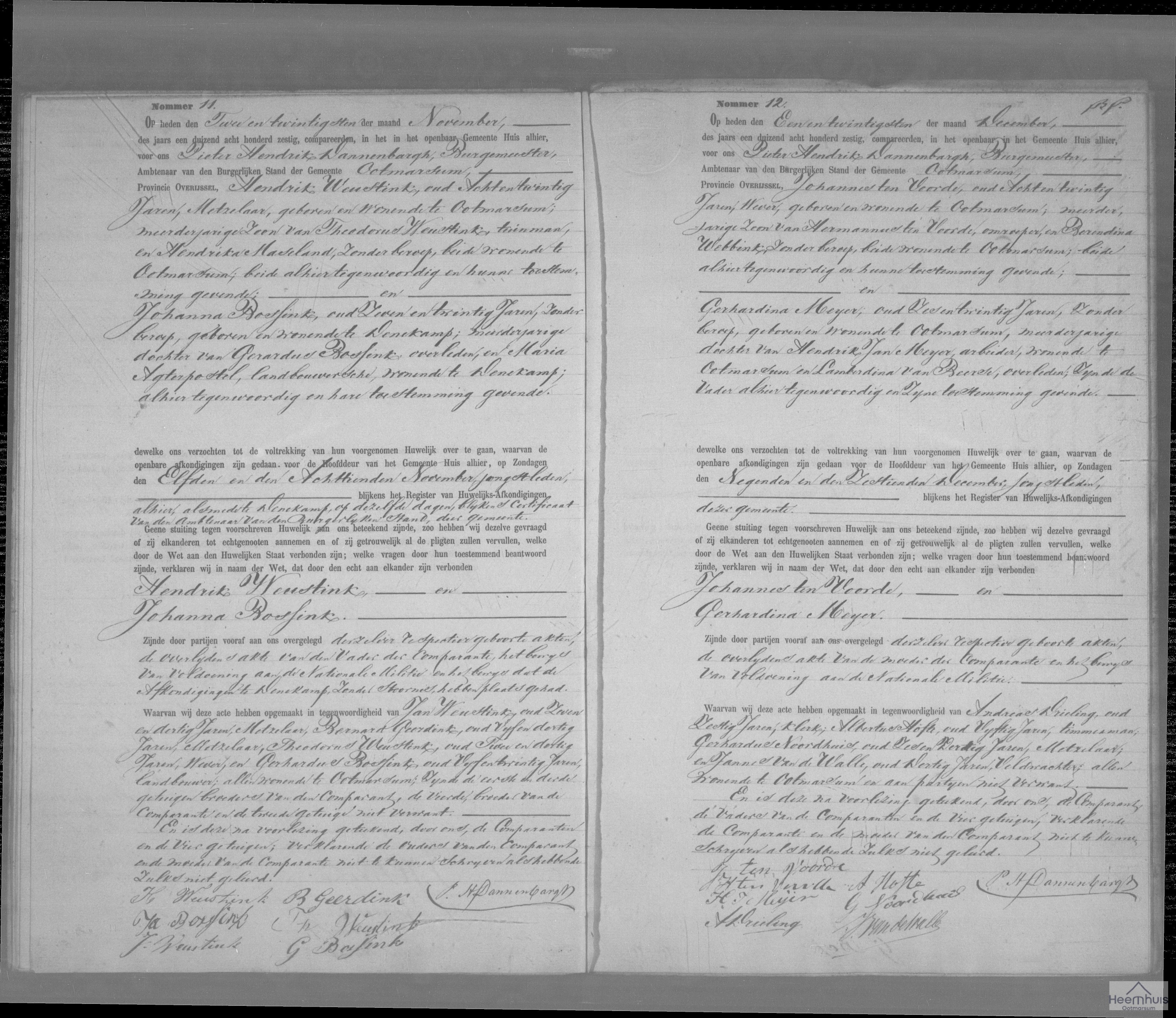 Huwelijksakte van Johannes ten Voorde en Gerhardina Meijer