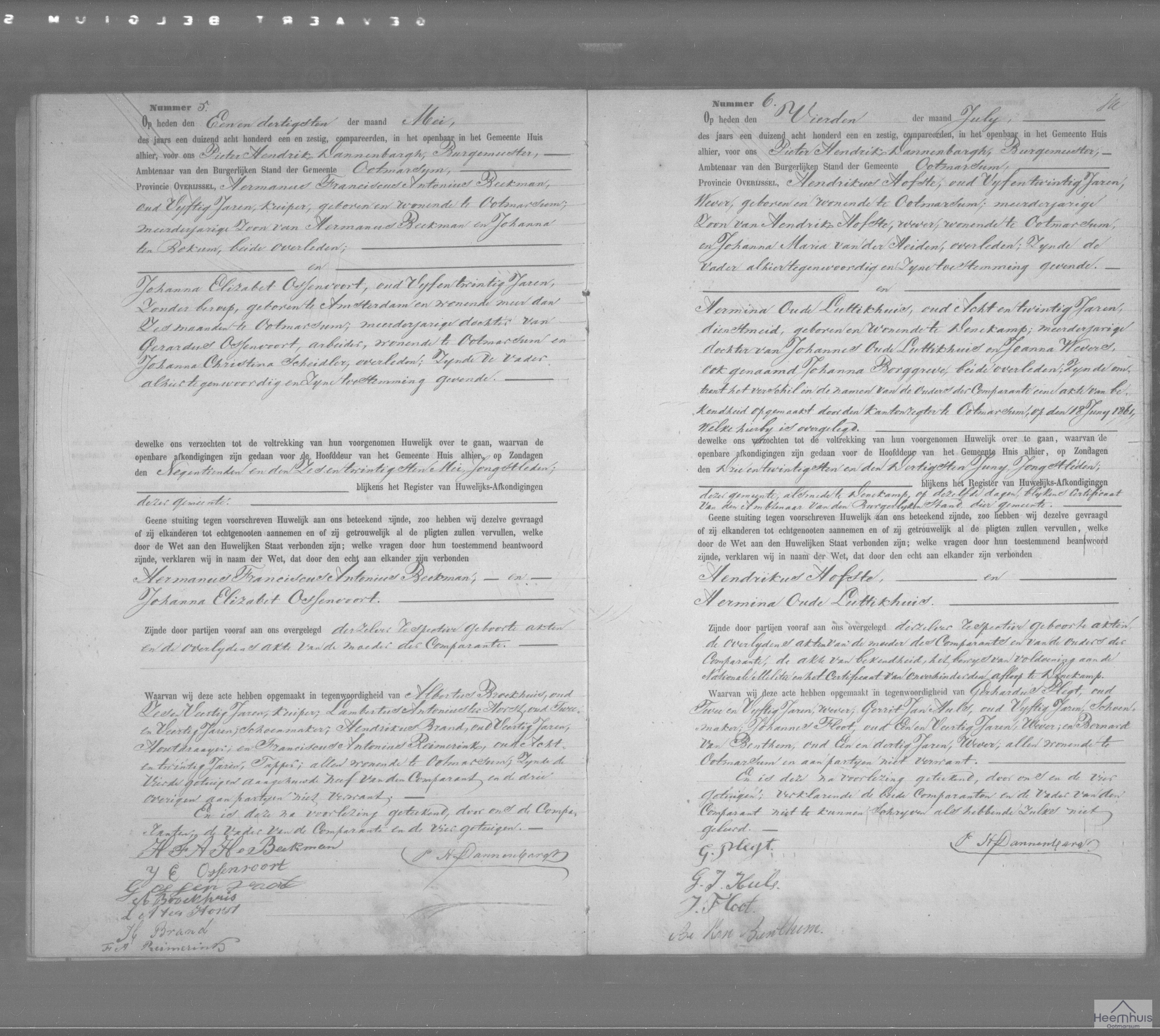 Huwelijksakte van Hendrikus Hofste en Hermina Oude Luttikhuis