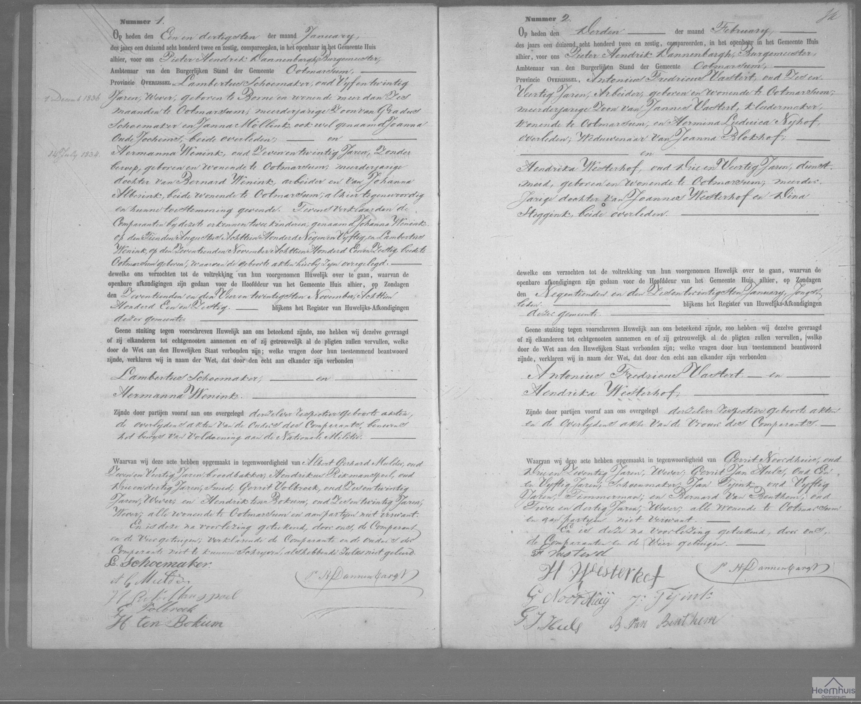 Huwelijksakte van Lambertus Schoemaker en Hermanna Wenink