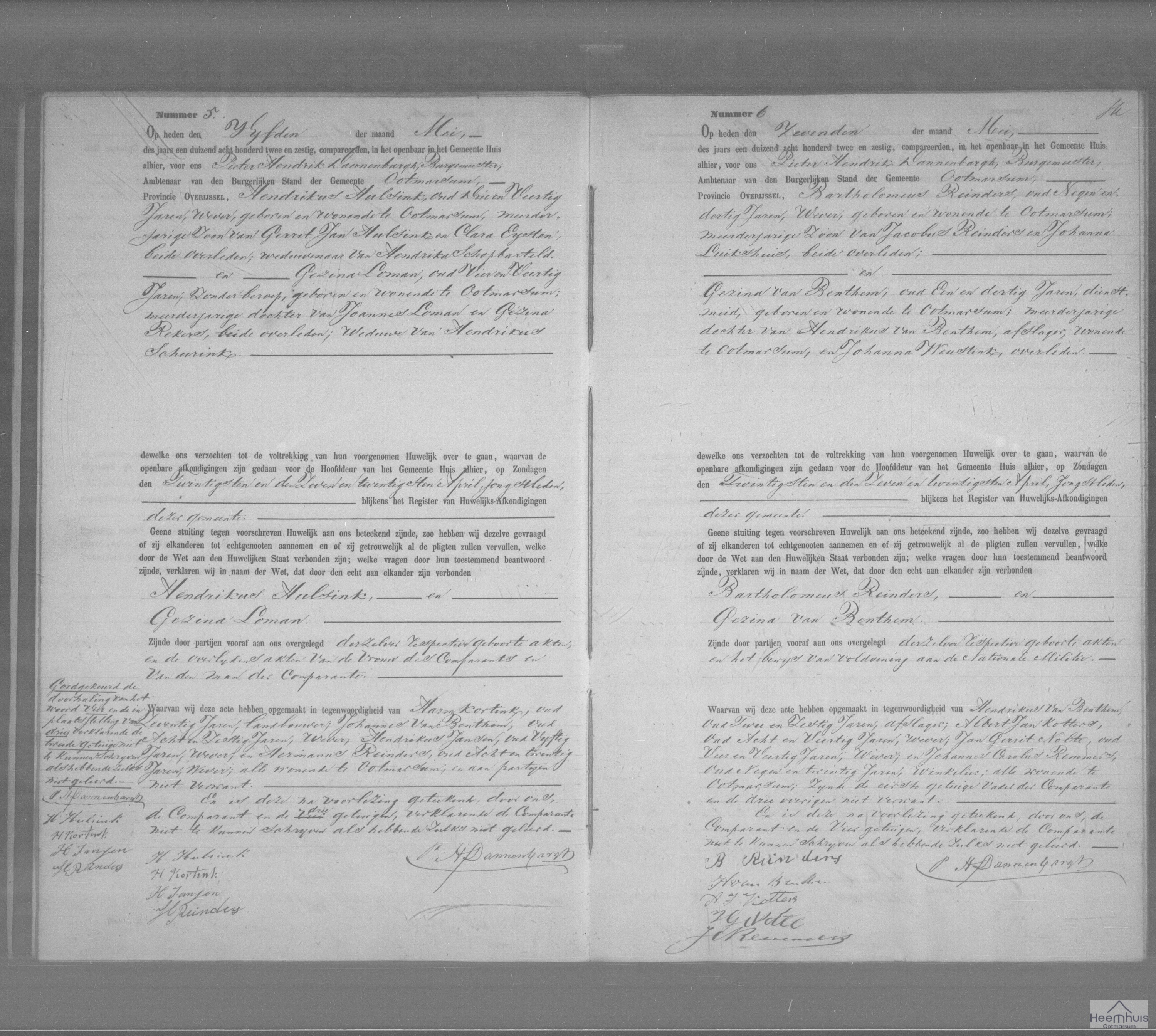 Huwelijksakte van Bartholomeus Reinders en Gezina van Benthem