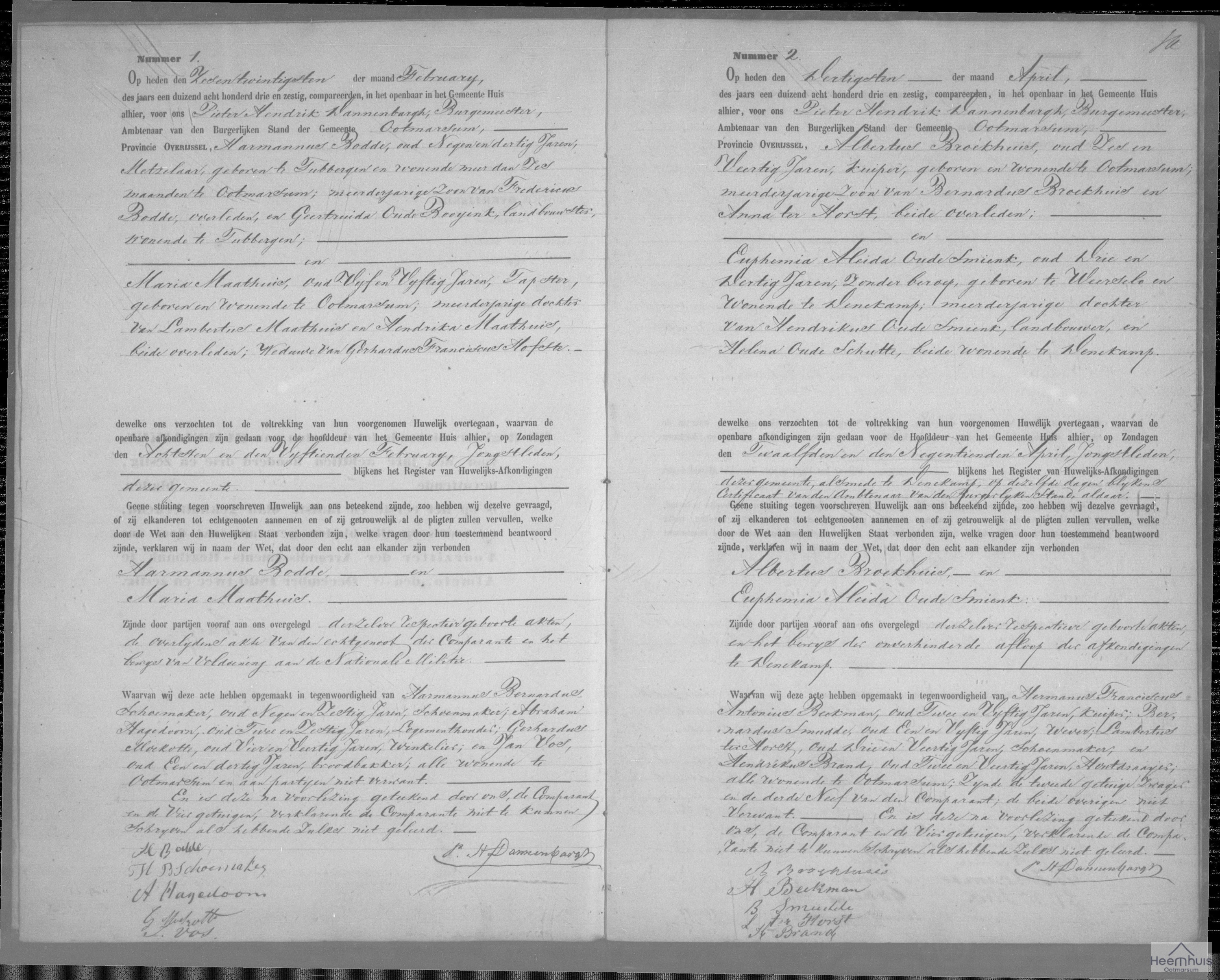 Huwelijksakte van Albertus Broekhuis en Euphemia Aleida Oude Smienk Huwelijksakte van Albertus Broekhuis en Euphemia Aleida Oude Smienk