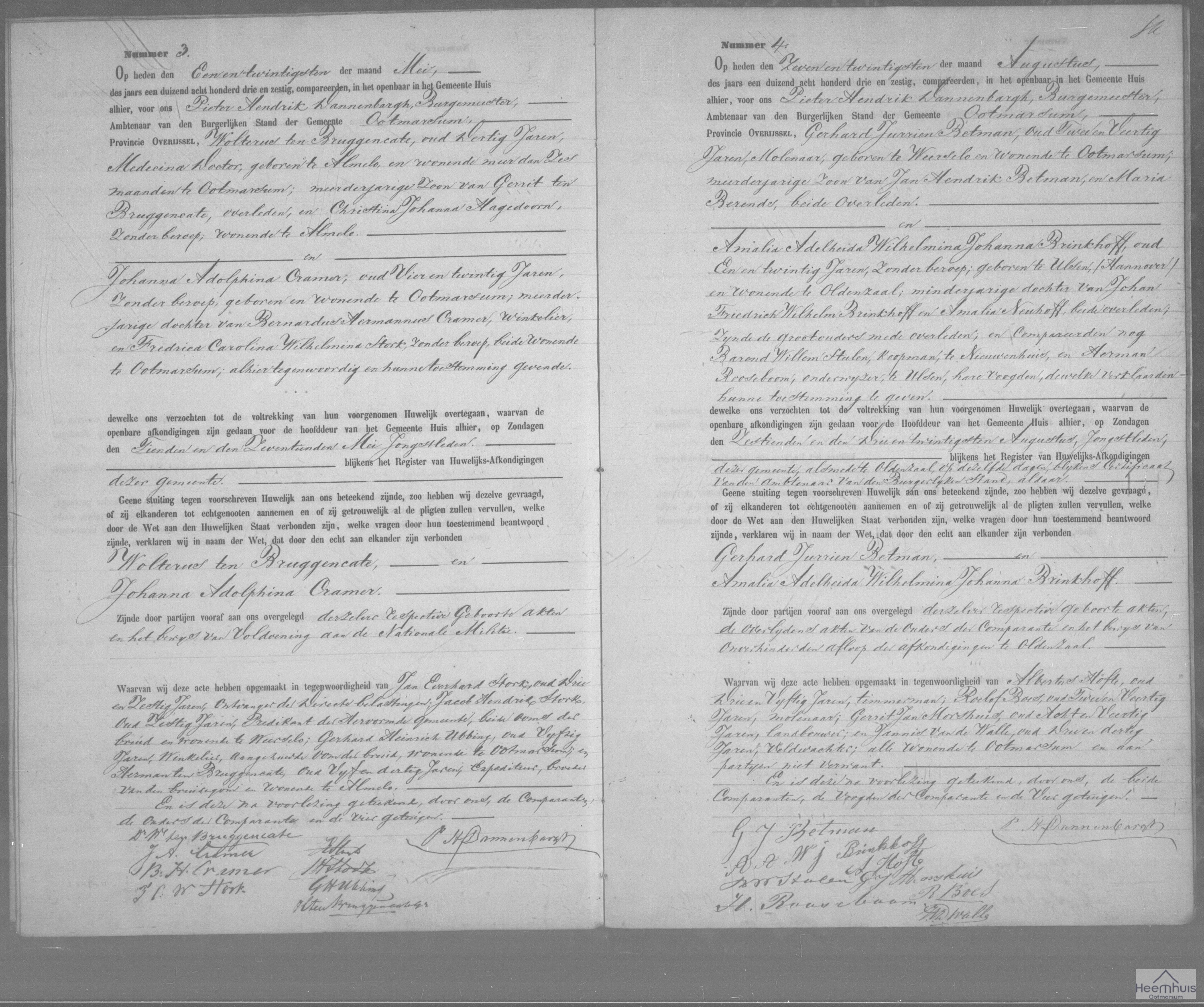 Huwelijksakte van Wolterus ten Bruggencate en Johanna Adolphina Cramer