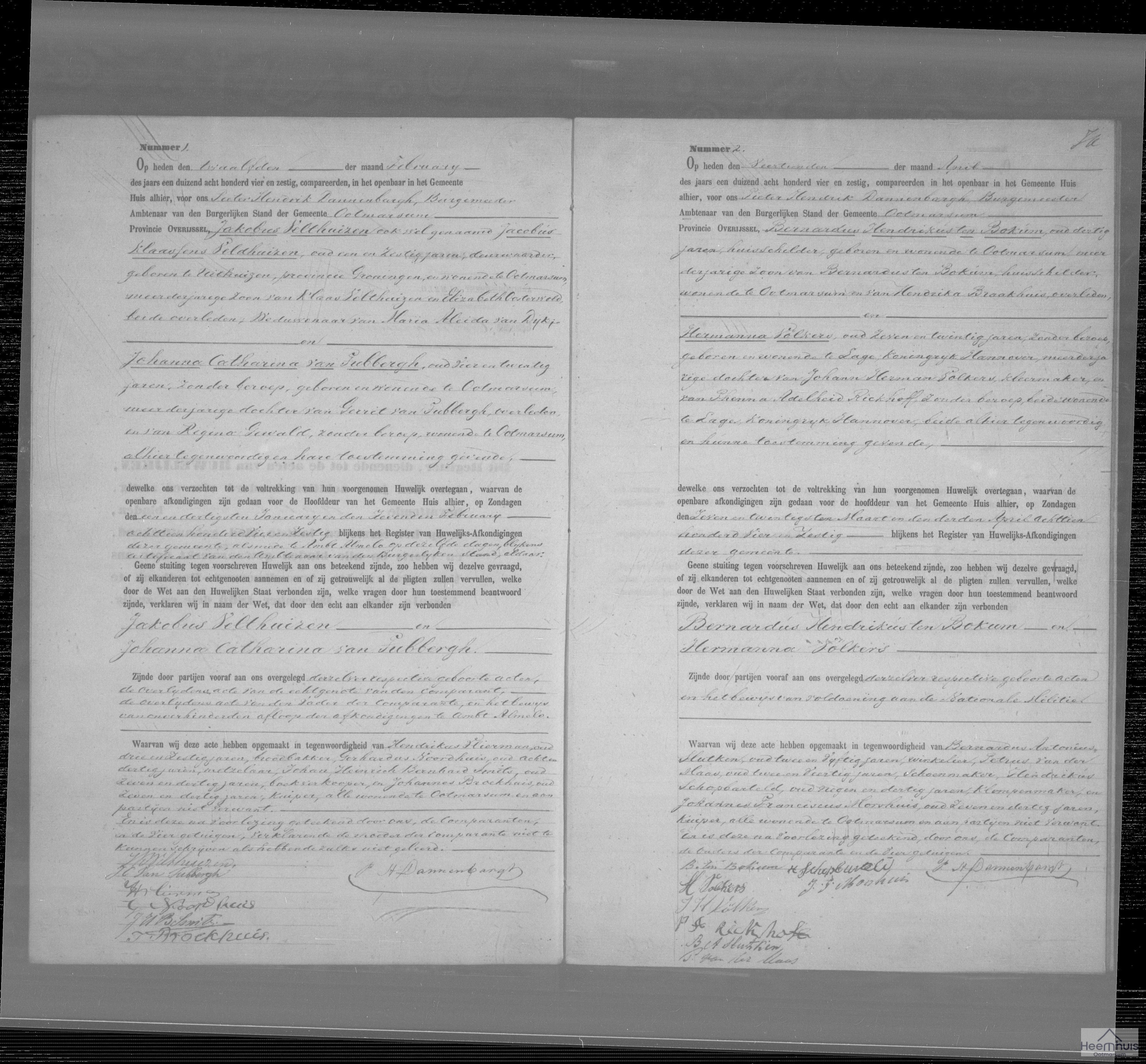 Huwelijksakte van Jakobus Velthuizen en Johanna Catharina van Tubbergh