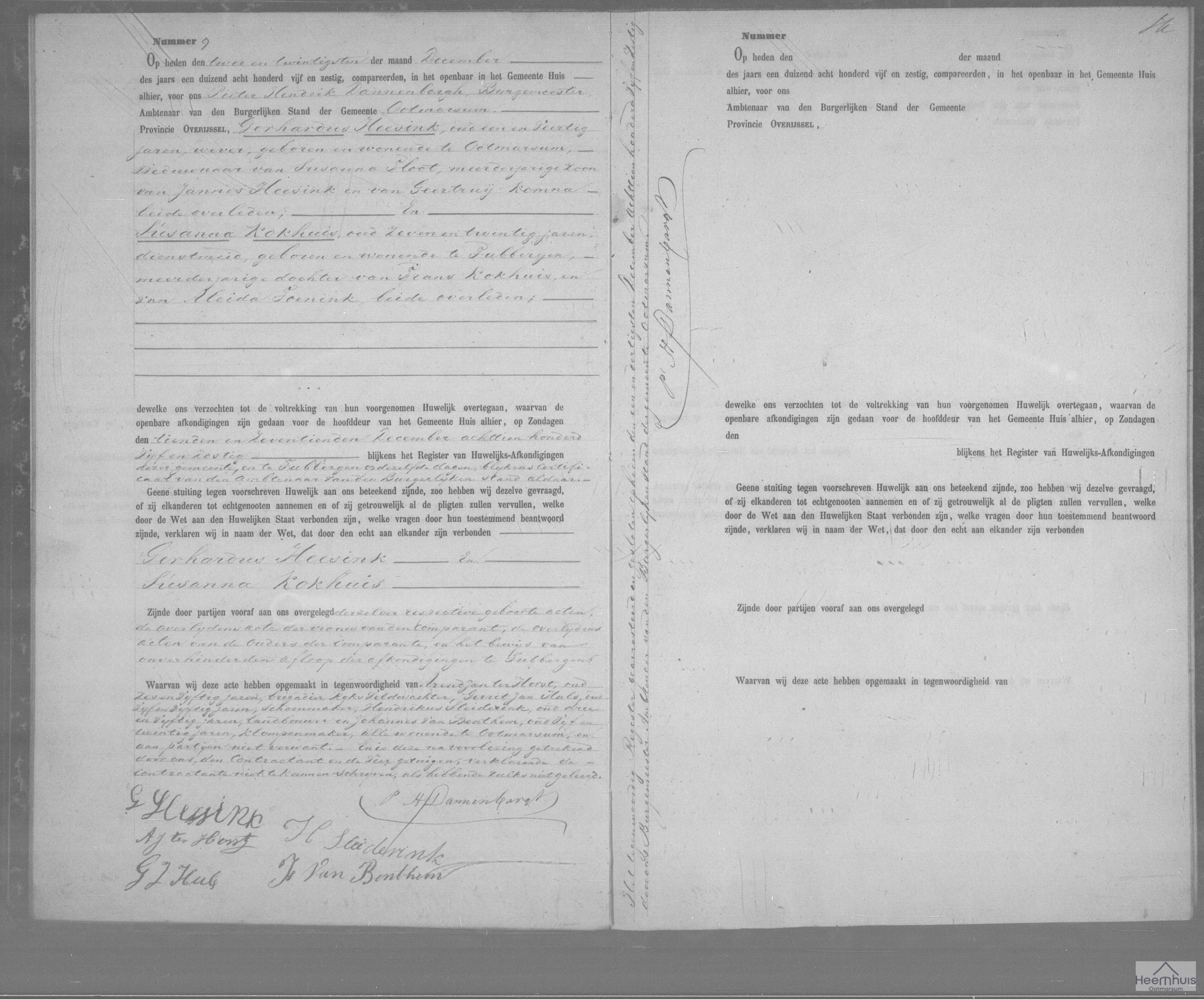 Huwelijksakte van Gerhardus Heesink en Susanna Kokhuis