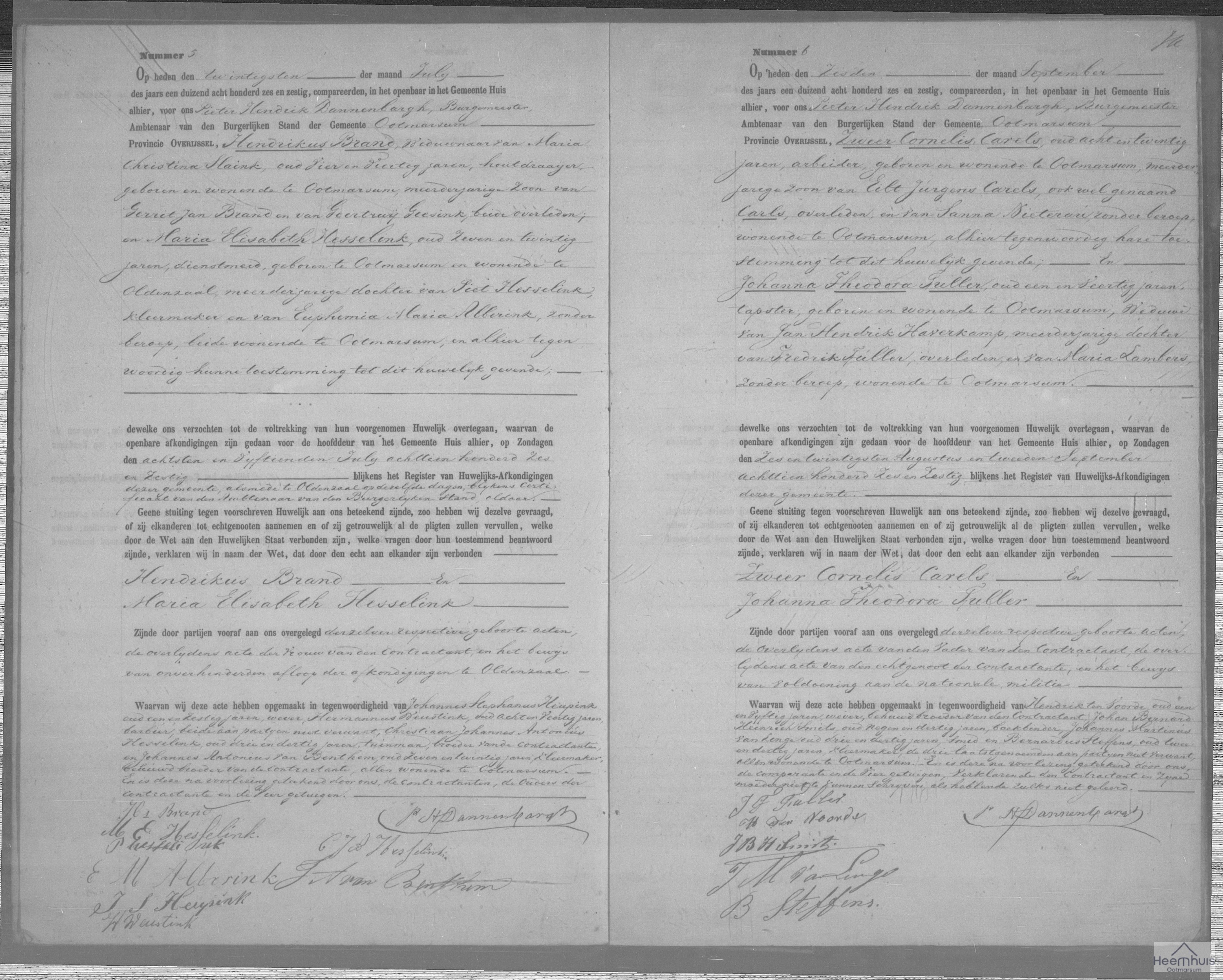 Huwelijksakte van Zweer Cornelis Carels en Johanna Theodora Fuller