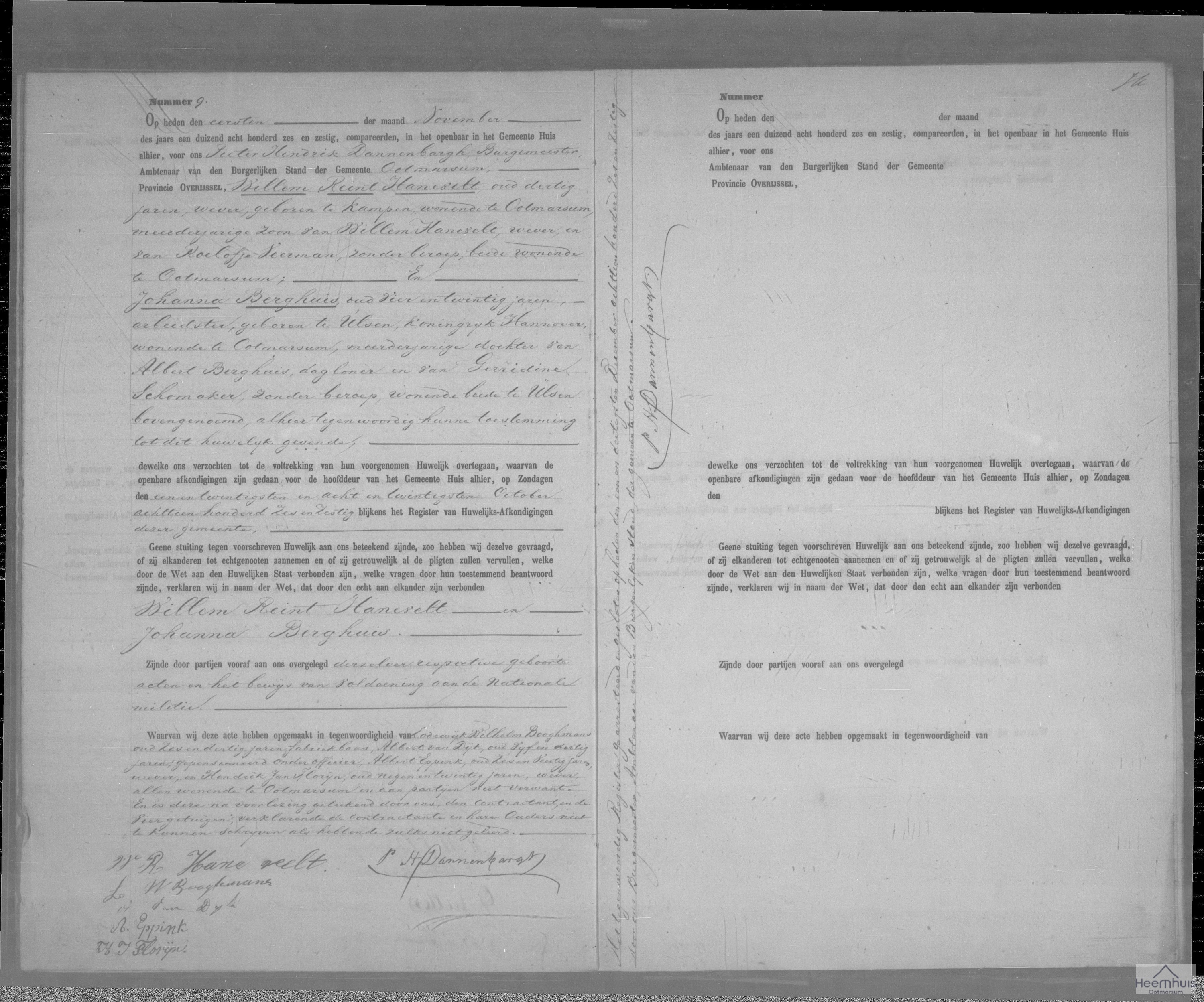 Huwelijksakte van Willem Reint Hanevelt en Johanna Berghuis