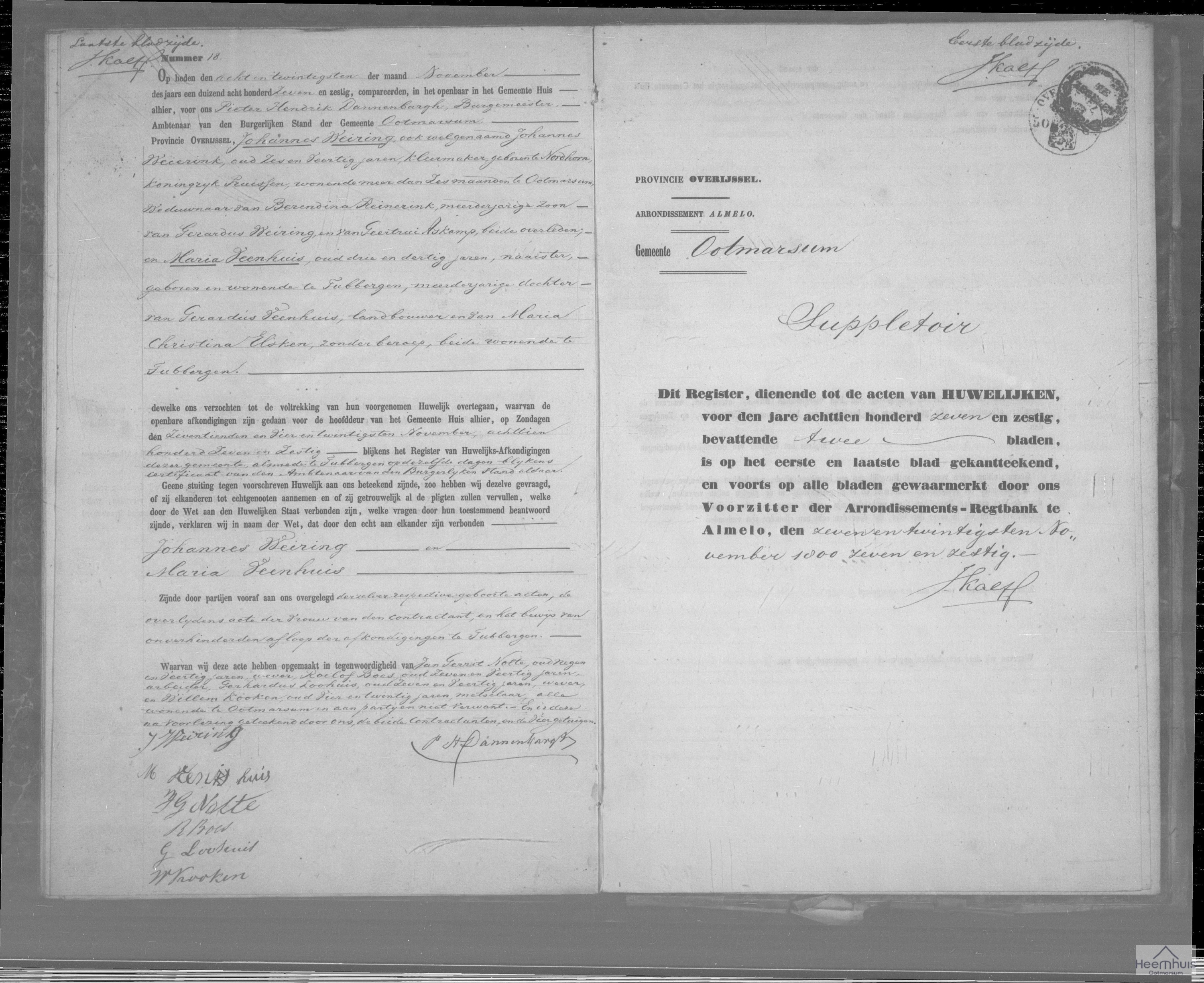 Huwelijksakte van Johannes Weiring en Maria Veenhuis
