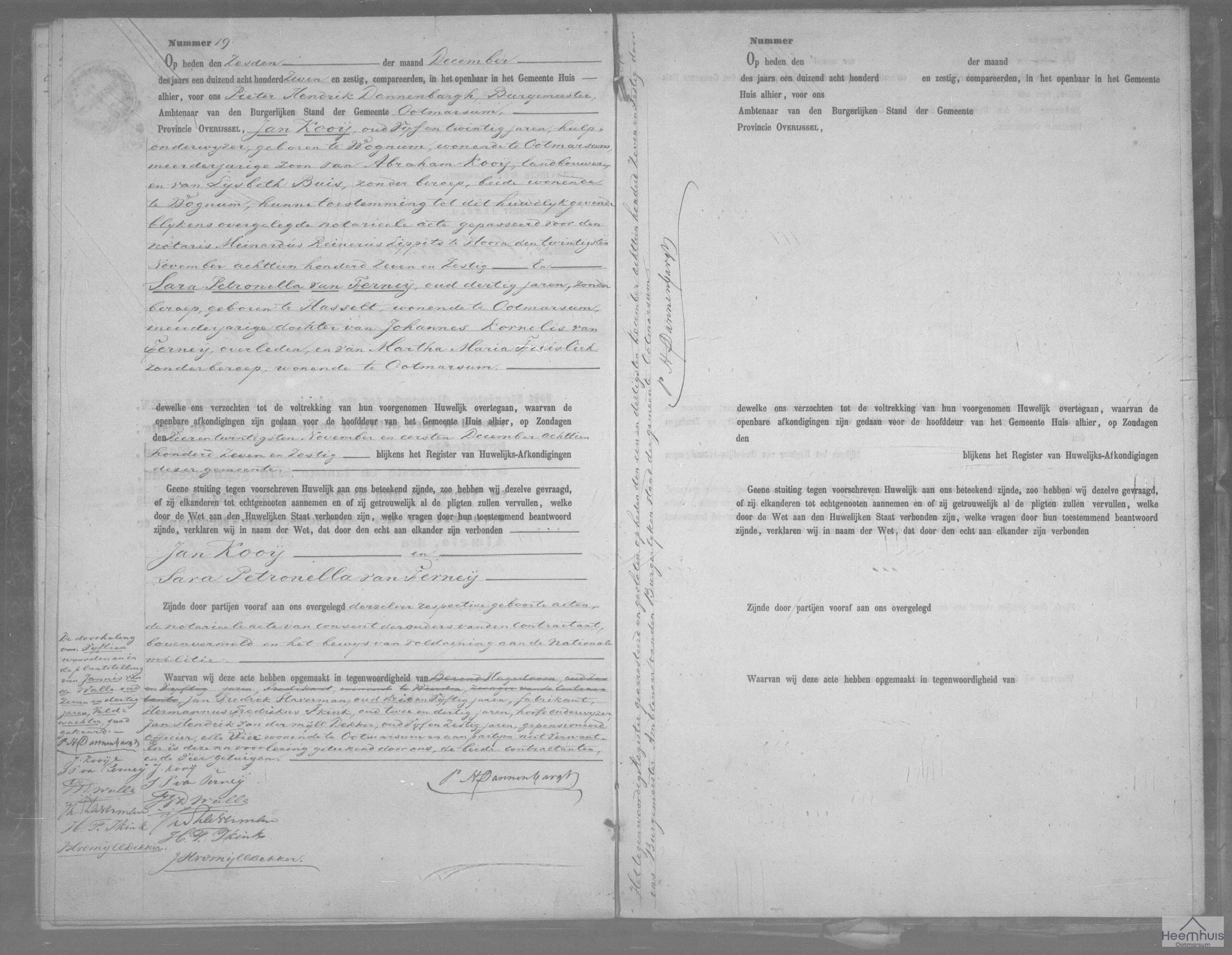 Huwelijksakte van Jan Kooij en Sara Petronella van Ferneij