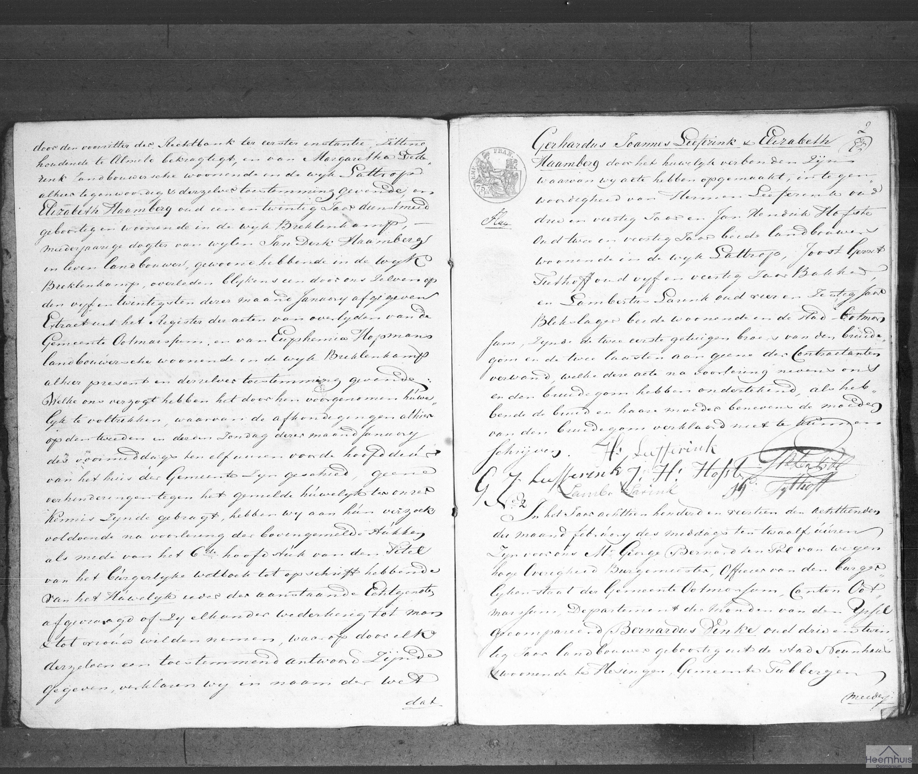 Huwelijksakte van Bernardus Vinke en Maria Veldlukens