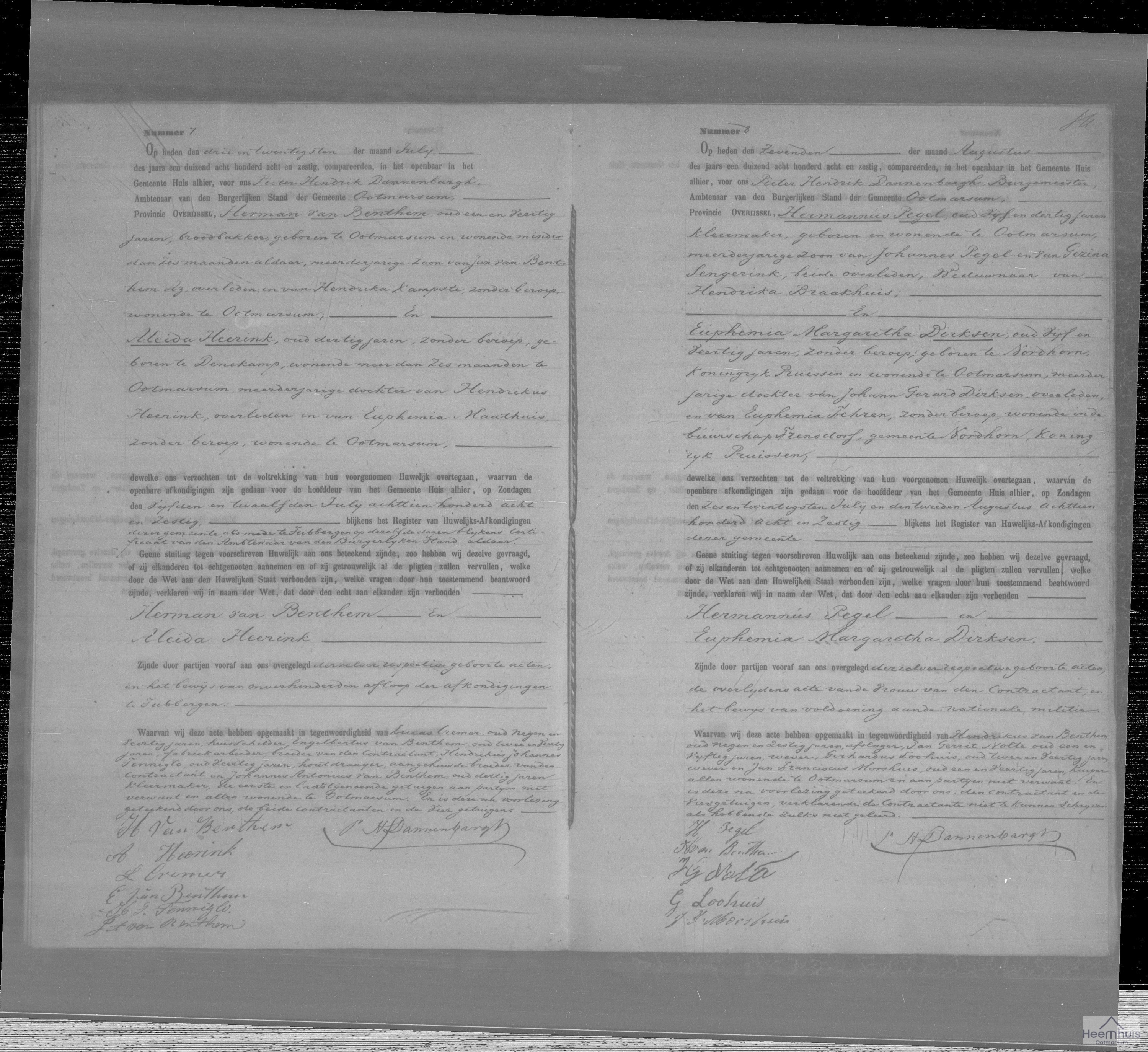 Huwelijksakte van Hermannus Pegel en Euphemia Margaretha Dirksen