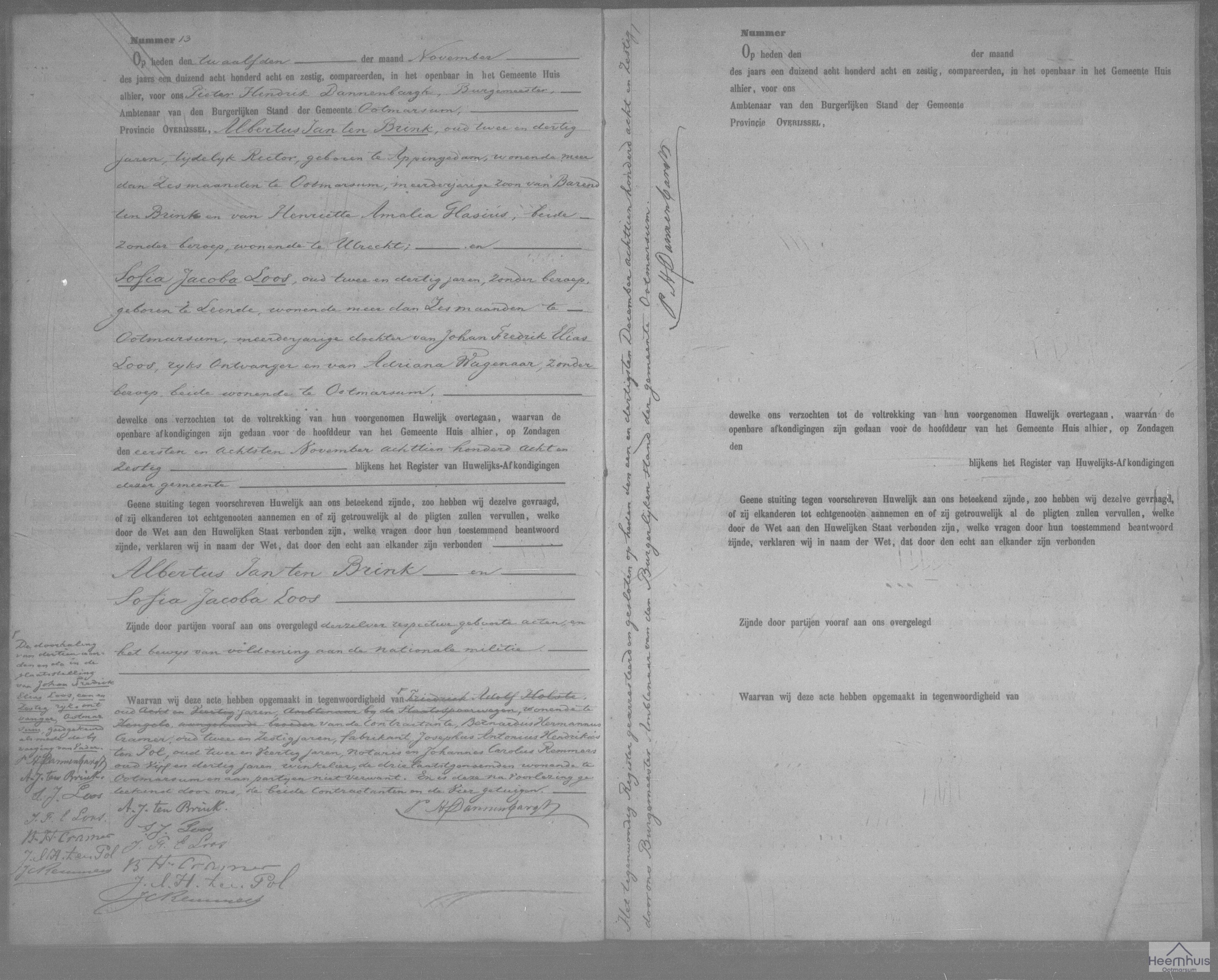 Huwelijksakte van Albertus Jan ten Brink en Sofia Jacoba Loos